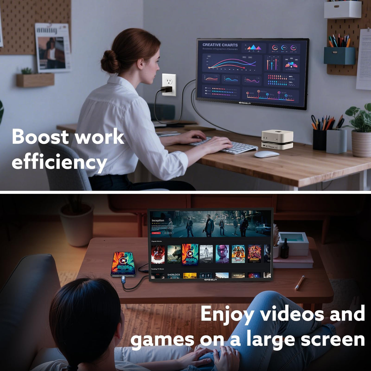 GWSGUT 23.8'' Portable Monitor FHD 1080P 120Hz, VESA USB-C HDMI Laptop Screen Extender, Built-in Stand Speakers for Laptop PC Mac Phone PS4/5 Xbox Switch