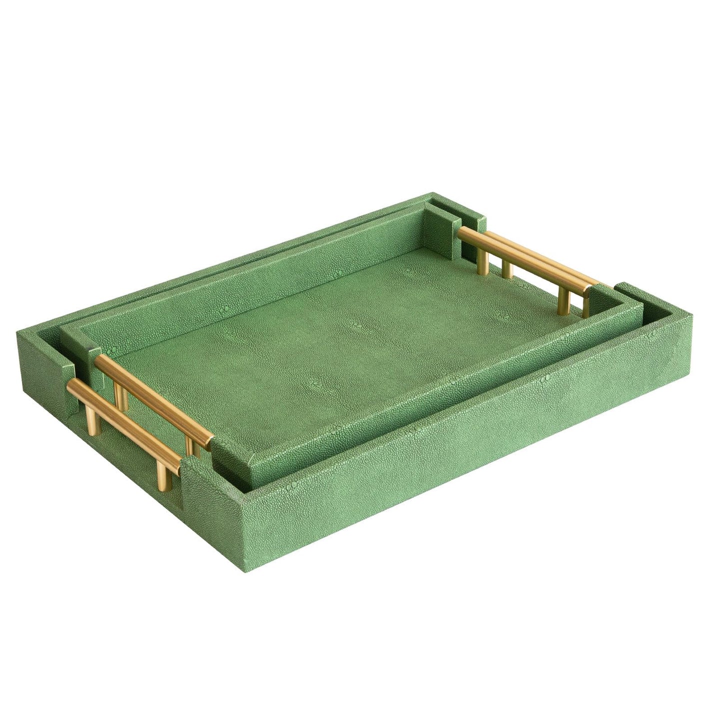 UPPER DECOR Decorative Tray Set of 2, Green Shagreen Leather Tray, Modern Elegant Rectangle Serving Trays with Gold Polished Metal Handles, Ottoman Trays Coffee Table Perfume Kitchen Home Decor