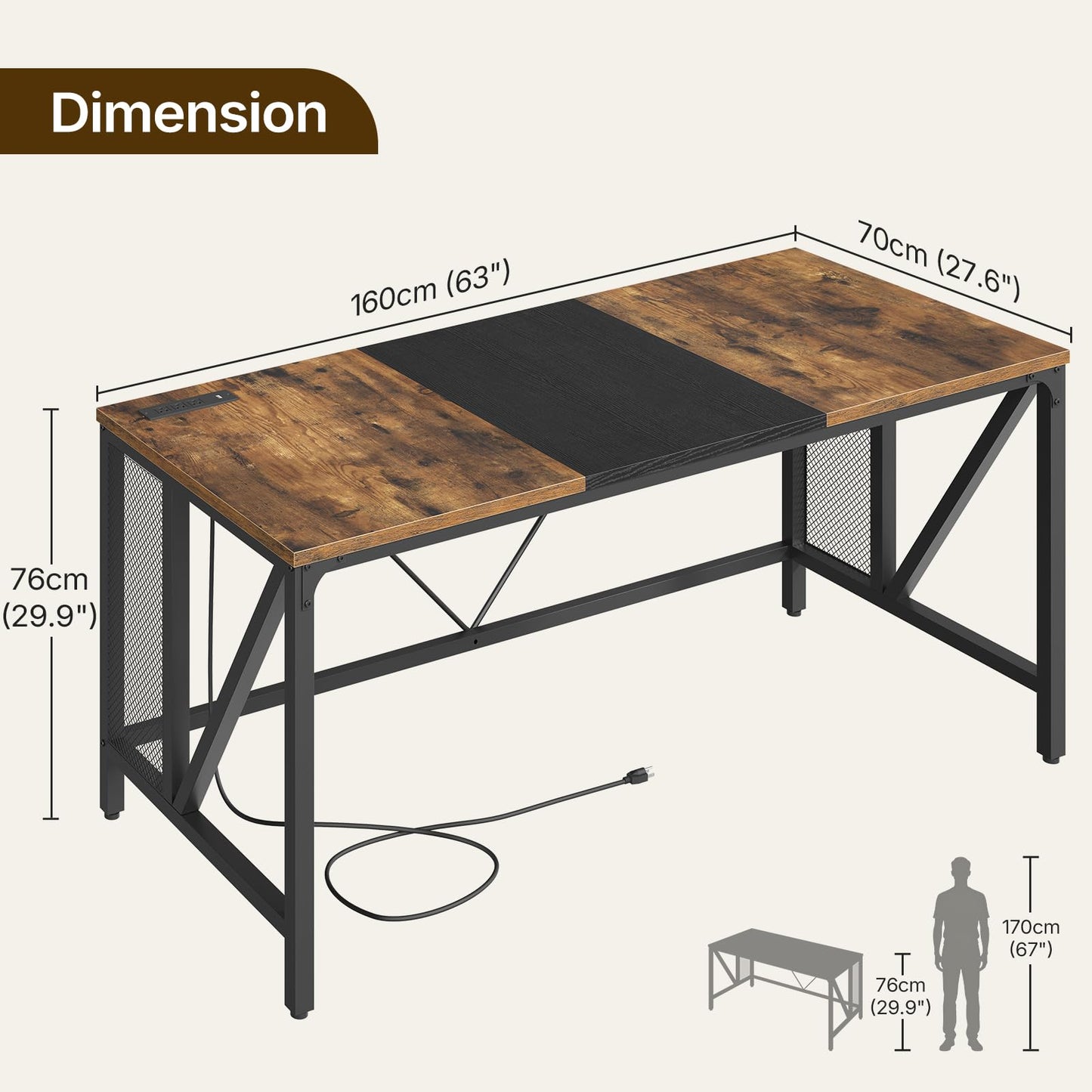 YATINEY 63" Computer Desk with Power Outlets, Gaming Desk, Large Office Executive Desk Workstation, Business Furniture for Home Office, Study, Rustic Brown and Black DN16UBR