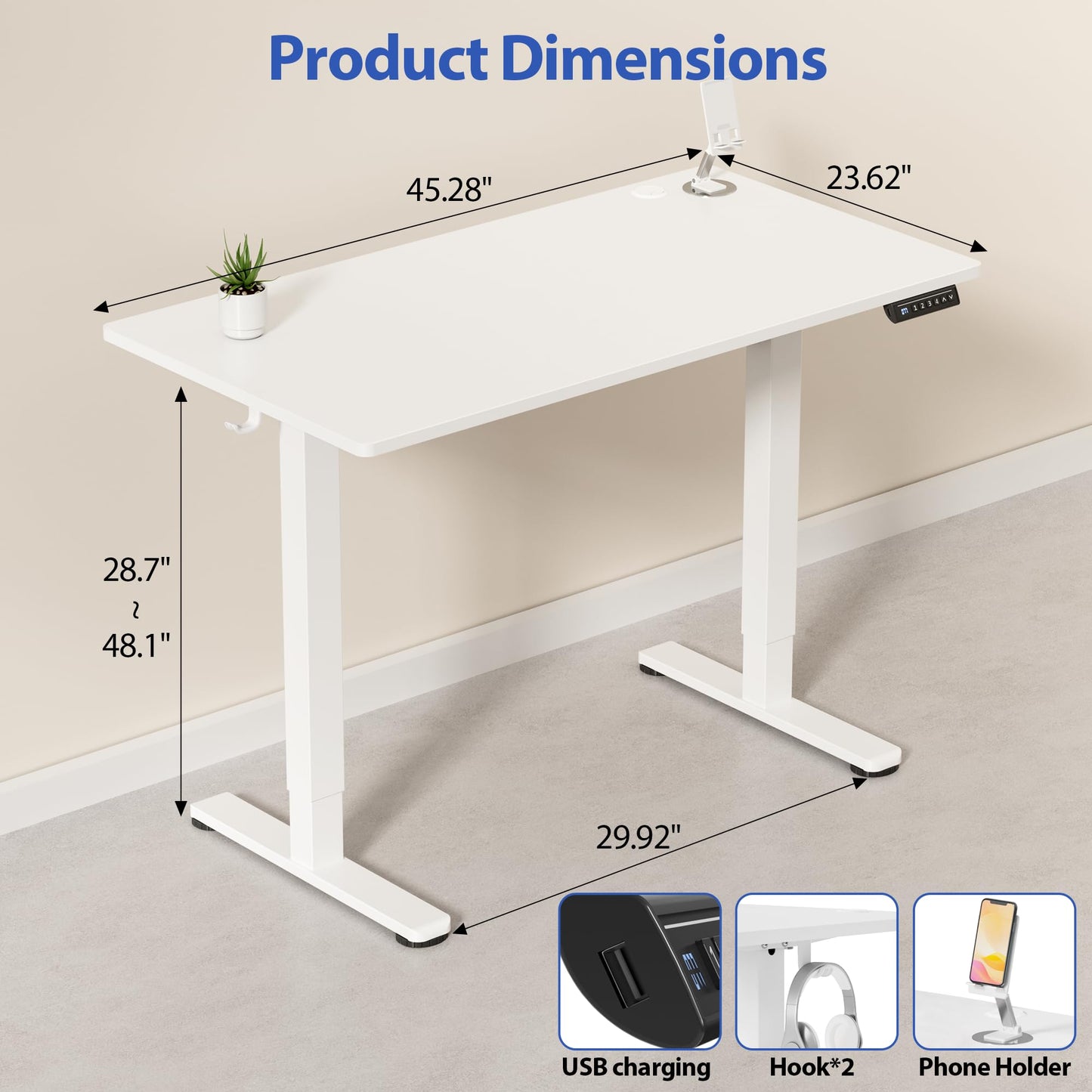 YESHOMY Height Adjustable Electric Standing Desk, 46 x 24 Inches Memory Home Office Sit Stand up Desk with Phone Holder and USB Charging Port, White