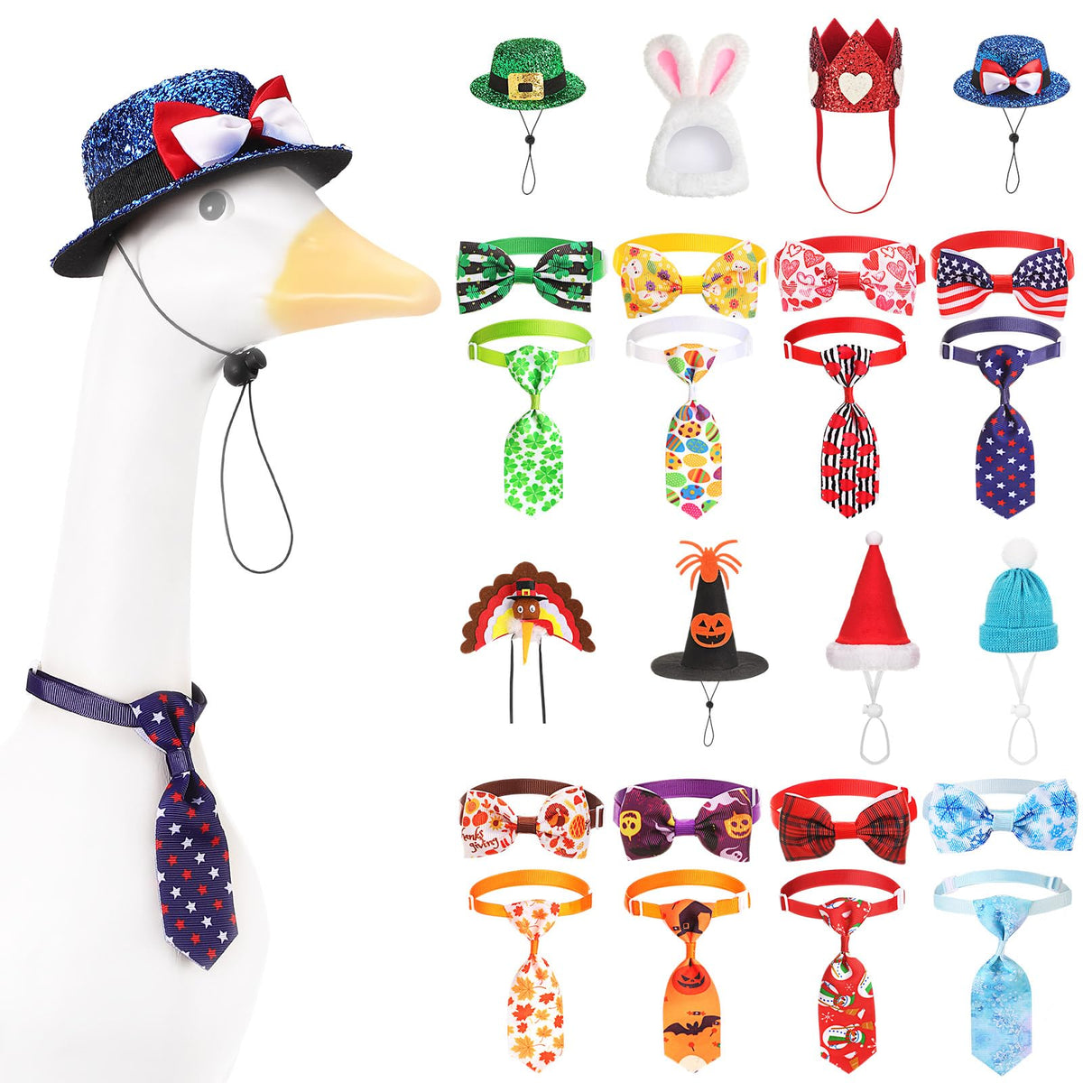 Weysat 8 Set Holiday Porch Goose Outfits All Season Holiday Bundle 4th of July Fall Halloween Christmas St. Patrick Easter Lawn Porch Geese Clothes Hat Bowtie Tie Outfit for 23" Goose Patio Yard Decor
