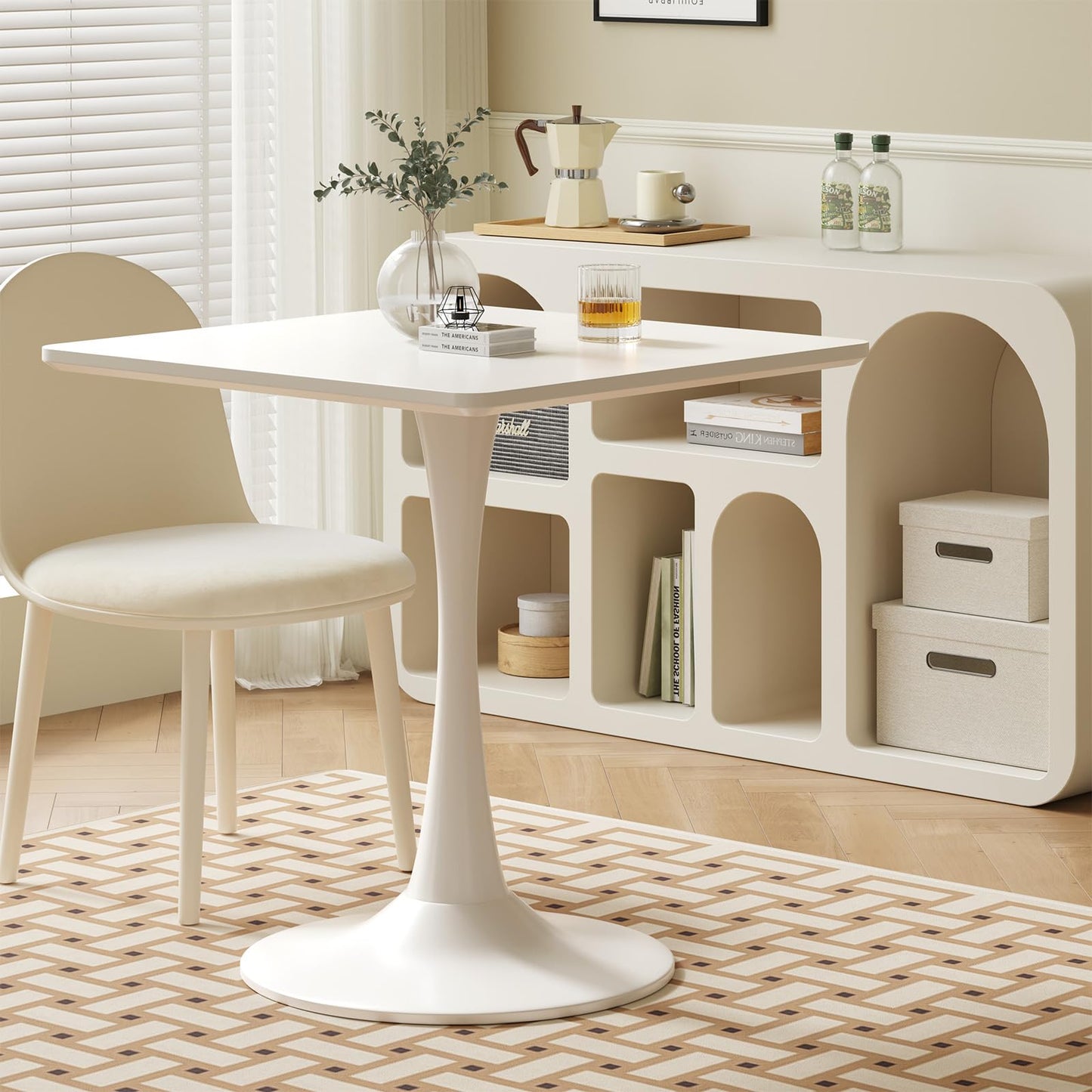 White Square Tulip Table for 2 Person, 24 Inch Small Dining Table with Pedestal Base for Two, Mid Century Modern Tulip Tables for Kitchen, Living Room, Cafe, Coffee, Office, Bistro, Pub, Bar, Wood Top