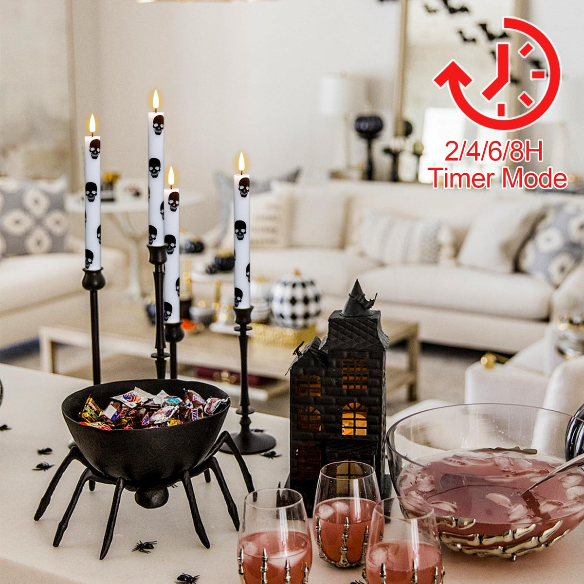 GenSwin Halloween Flameless Taper Candles Remote Timer, 4 Pack Real Wax LED Taper Candles Battery Operated Flickering with Skull Prints, Flameless Candlesticks for Halloween Decor(0.75”x 9.65”)