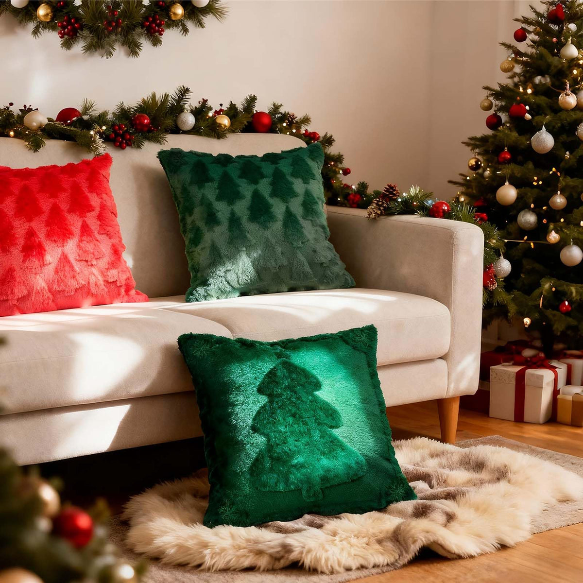ONFAON Christmas Decorations - Christmas Pillow Covers 18x18 Inch Set of 2 Christmas Tree Decorative Red Soft Plush Faux Fur Throw Pillows Winter Holiday Decor Throw Cushion Case for Home Couch