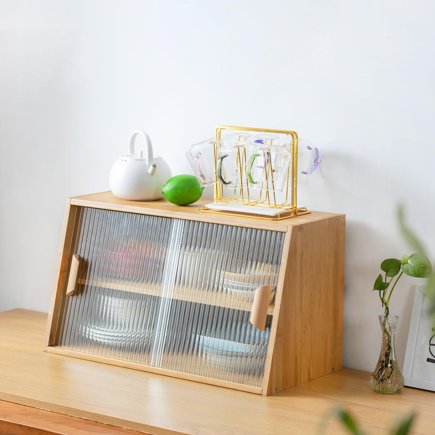 Tiita Small Kitchen Pantry Cabinet, Bamboo Sideboard with Glass Doors, Cupboard Food Pantry Cabinet for Kitchen, Living Room and Dinning Bedroom