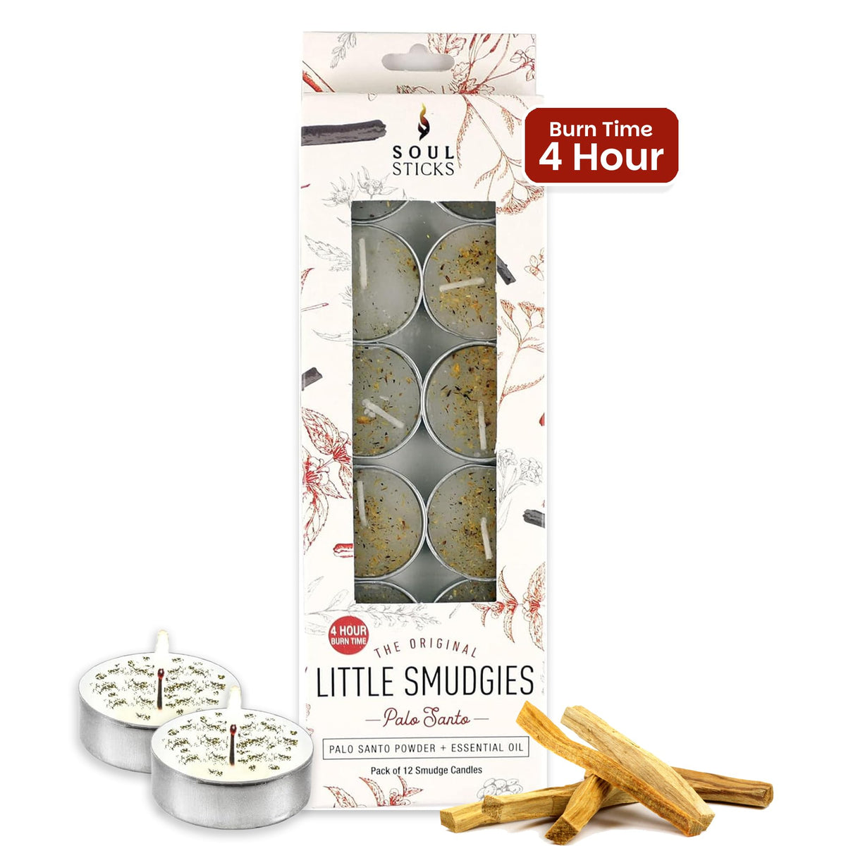 SOUL STICKS 12 Pack Little Smudgies Tealight Candles Smudge Candle for Cleansing House, Meditation, Chakra Healing | Made with Crystals and Herbs (Palo Santo)