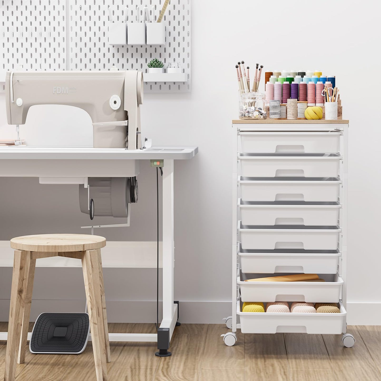 Storage Cart with 8 Drawers, Utility Cart with White Drawers and Wooden Tabletop, Craft Cart, Teacher Organization for Classroom,White