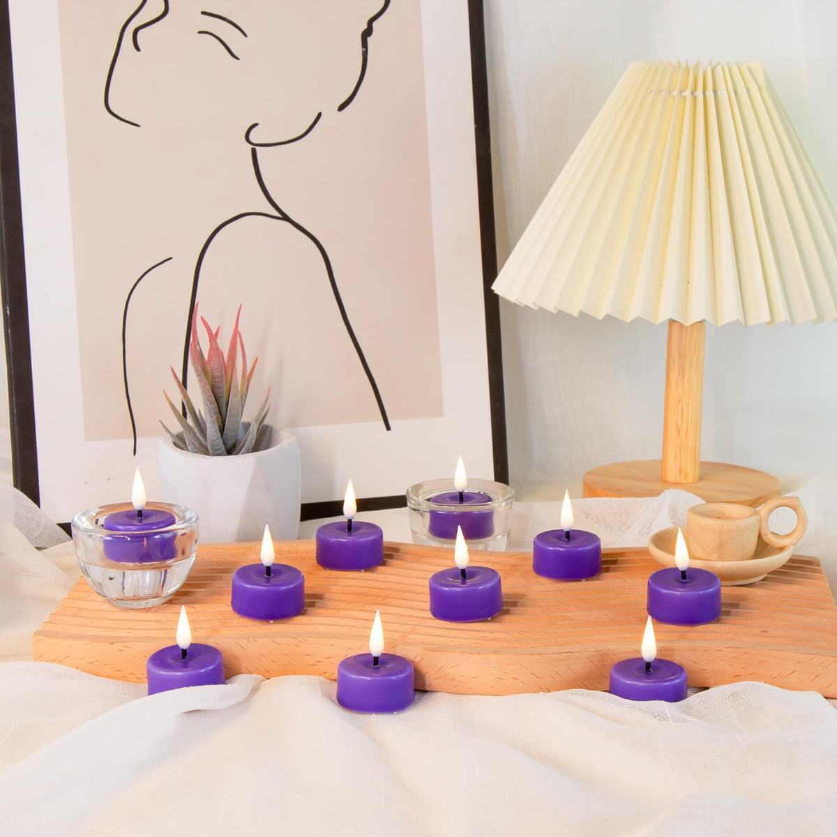 Eywamage Purple Flameless Wax Tealights with Remote Batteries, Flickering LED Tea Votive Candles Set of 10