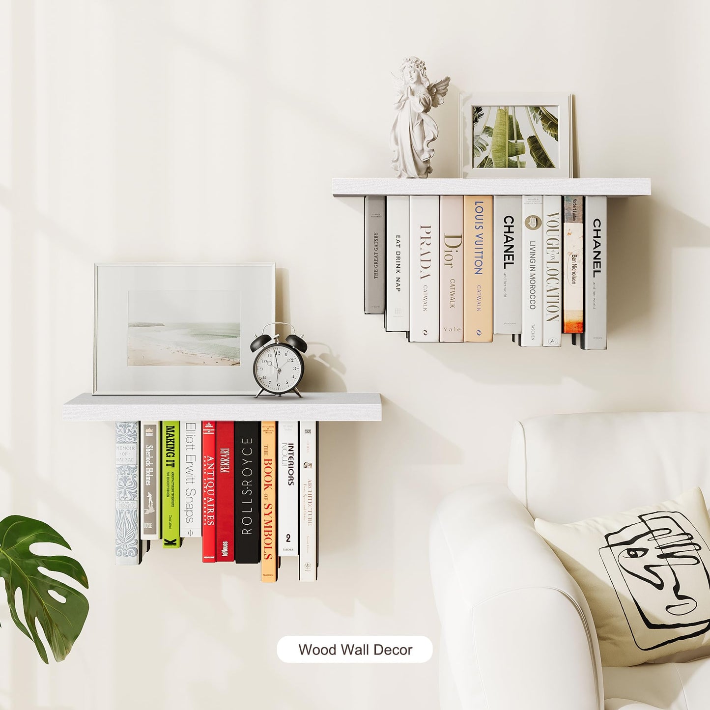 BUTUNITA Floating Bookshelves for Wall, Rustic Wood Hanging Wall Bookshelf, Upside Down Book Shelf and Wall Mounted Bookshelves for Home Decor in Bedroom, Living Room, White 2 Pack