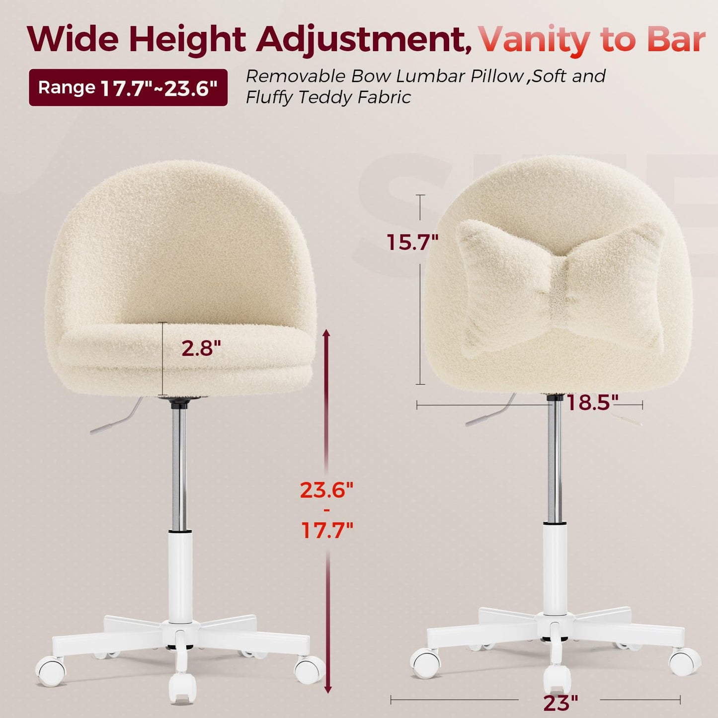 GTPLAYER Velvet Tall Office Chair with Wheels Vanity Chairs with Back, Versatile Height Use: Office to Bar Stools Small Ergonomic Comfy Armlees Computer Desk Chair with Bow Lumbar Pillow for Gift