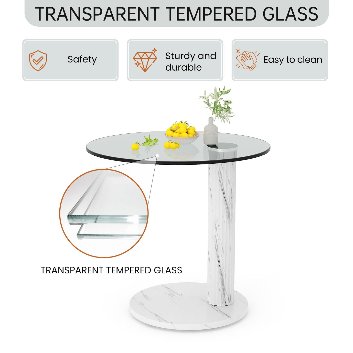 Hooseng Glass Round Coffee Table End Table, 22-Inch Modern Tempered Transparent Glass Top,Perfect for Living Room,Cafe,Home,and Office(White)