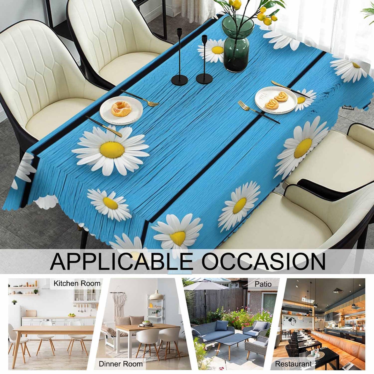 Beabes Tablecloth Daisy, Blossom Floral Daisy Chamomile Wood Blue Rectangular Table Cover Kitchen Table Cloth for Dining Hotel Coffee Parties Tabletop Decoration, 52x70 Inch