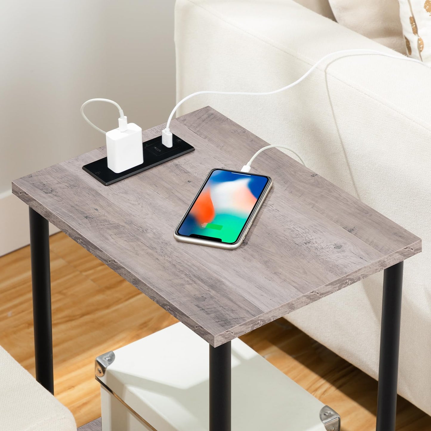 HOOBRO Side Table with Charging Station, End Table with USB Ports and Outlet, Nightstand with 2-Layer Storage Shelves for Small Spaces, Living Room, Bedroom, Stable Frame, Greige and Black BG09UBZ01