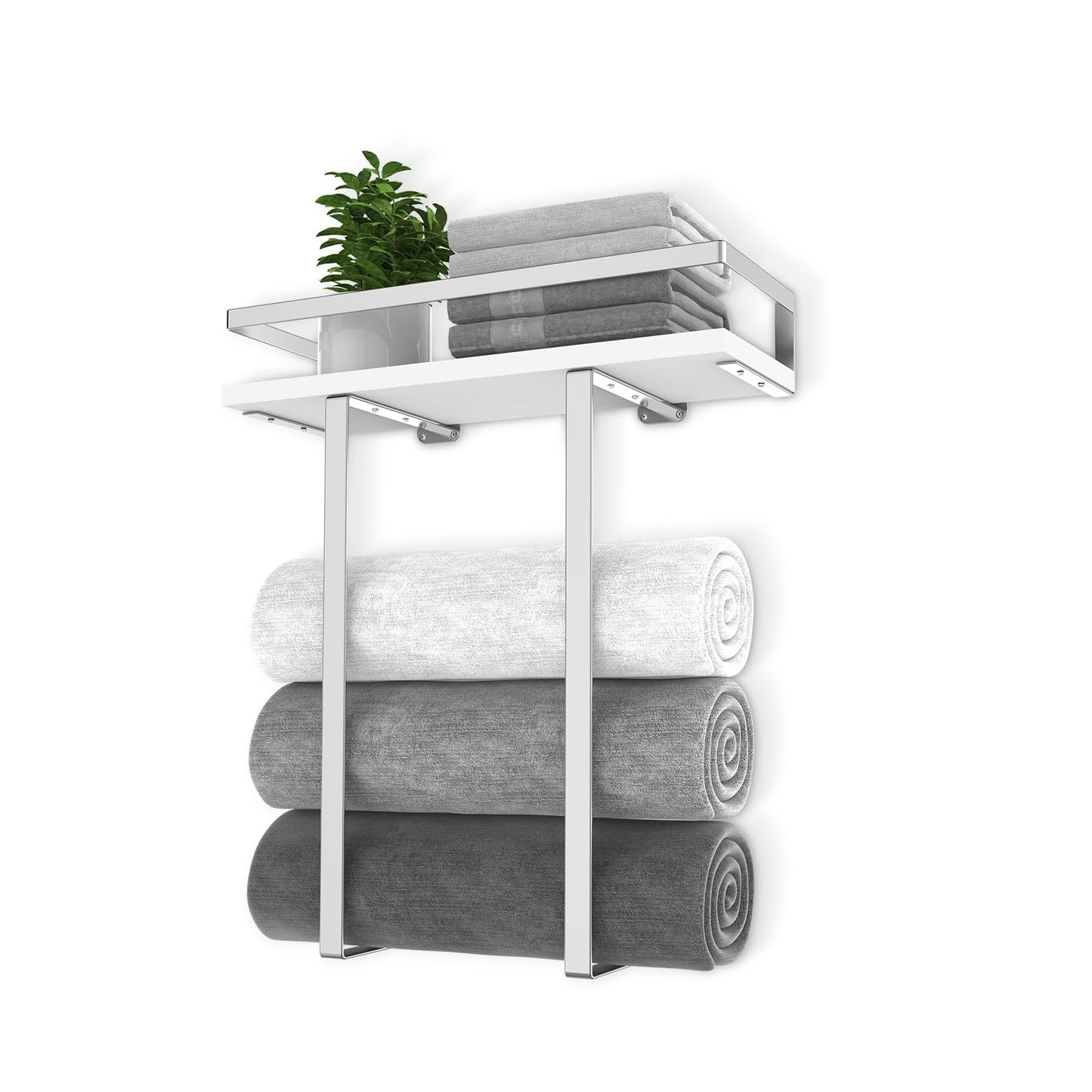 Towel Rack Wall Mounted, Xstydes Metal Towel Holder with Wooden Shelf for Folding Large Towels, Towel Storage for Small Bathroom Organizer Decor or RV Camping, Silver