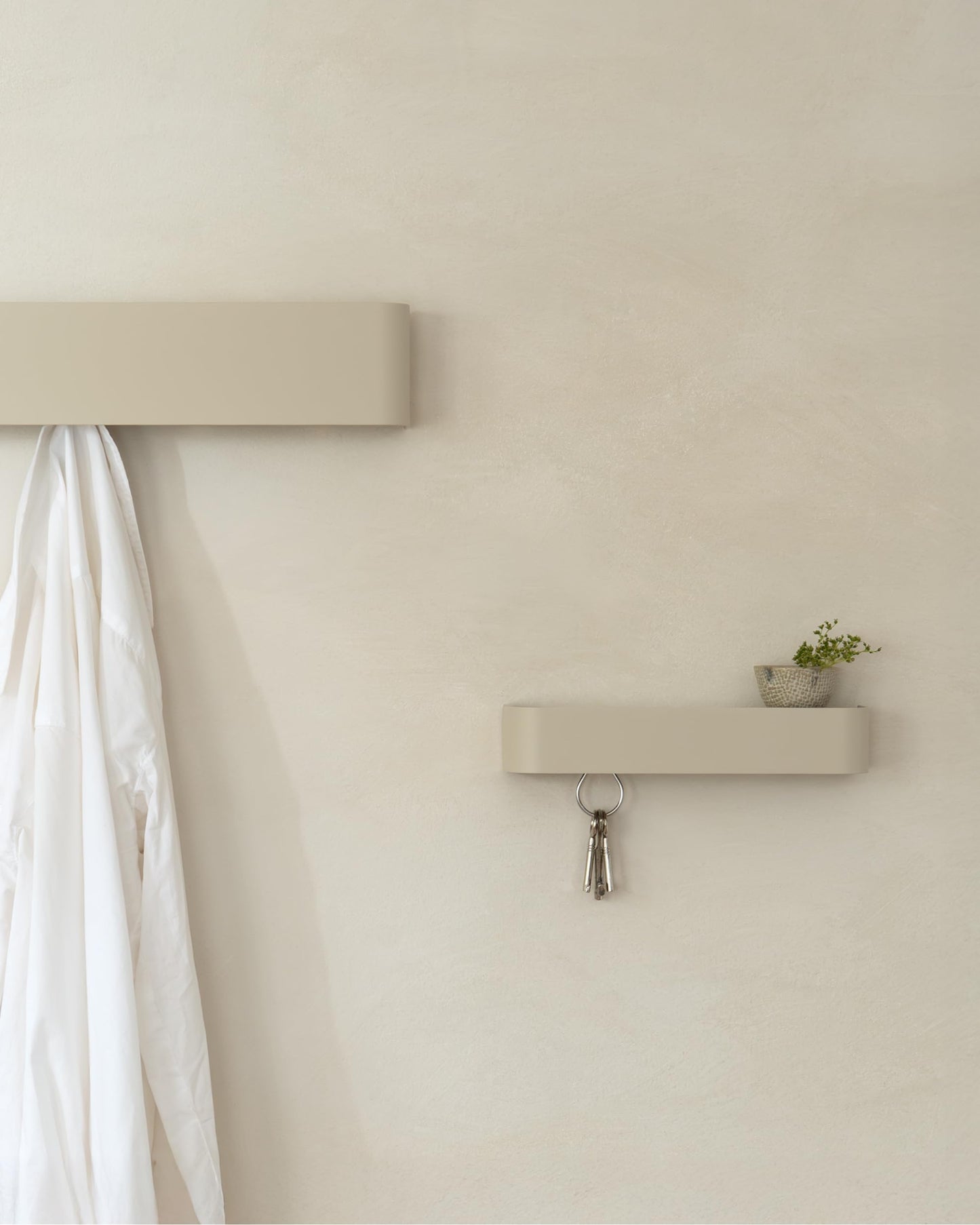 Kazai. Coat Rack Wall Mount with Shelf 'Tone' | Modern Design Coat Hanger with Hidden Hooks and Storage | Hat Rack with Shelf in Metal | Wall-Mounted Purse Organizer | Sand Taupe