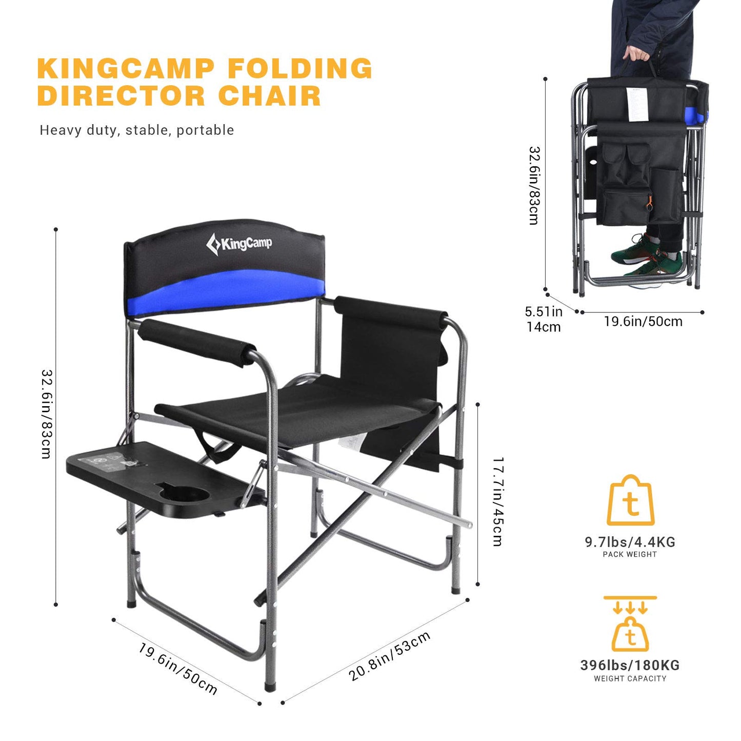 KingCamp Portable Camping Chair, Folding Directors Chair Compact Outdoor Chair with Side Table Cup Holder for Beach Trip Tailgating Lawn Sports Backpacking Fishing Picnic, Blue