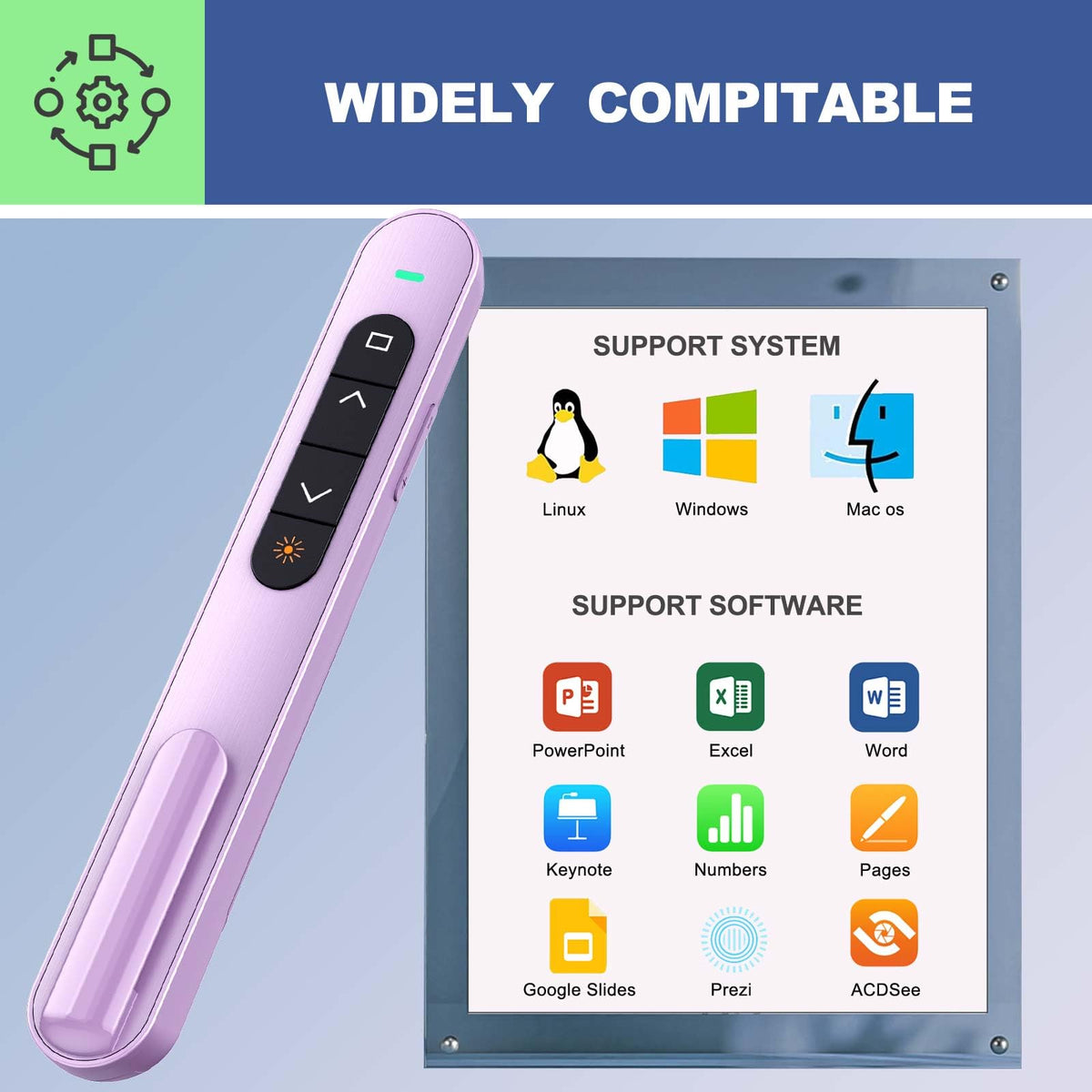 QUI 2 Pack Presentation Clicker, Hyperlink Volume Control Wireless Presenter, RF 2.4GHz USB Presentation Remote Control,PowerPoint Clicker Slide Advancer for Computer, Laptop, Mac (USB, Purple)