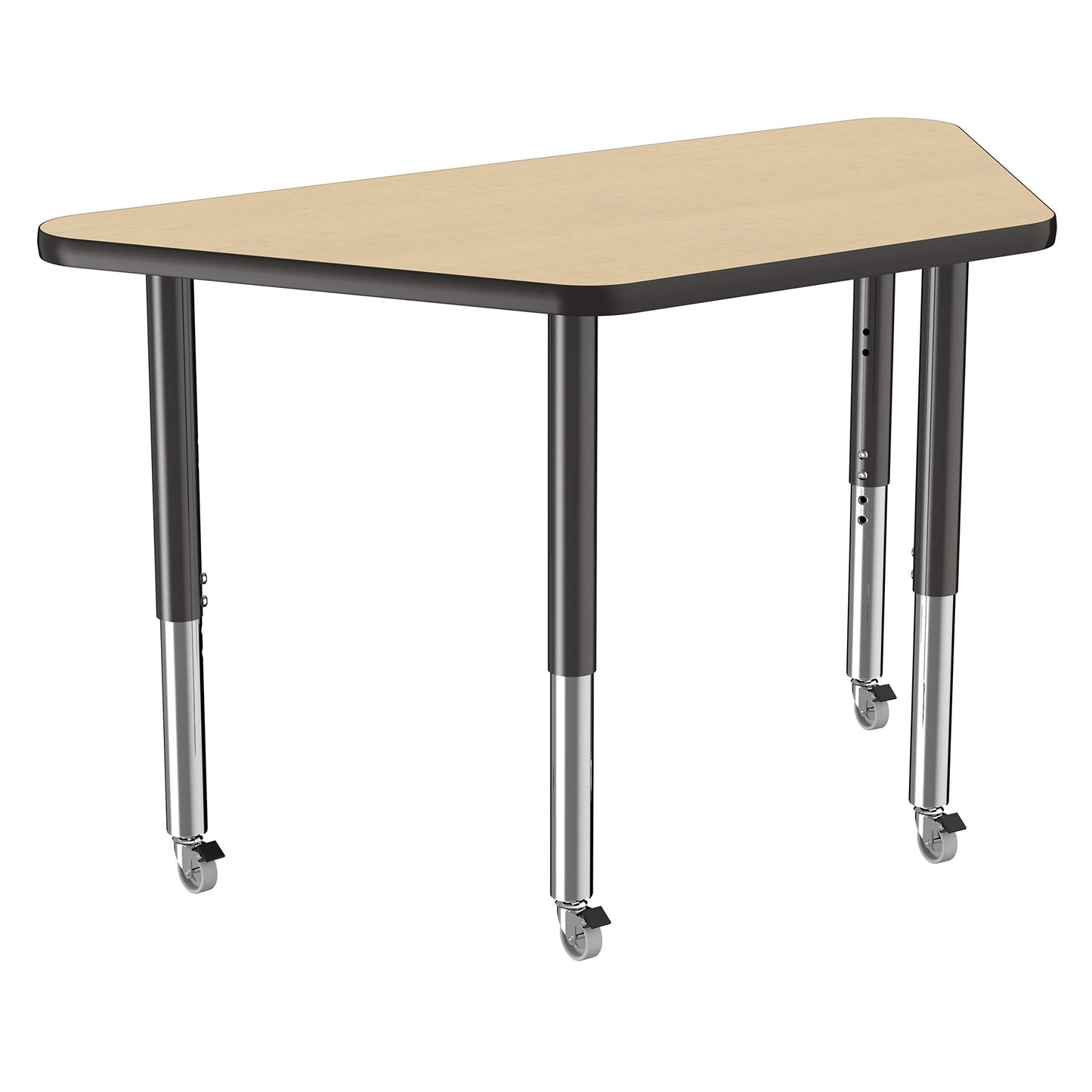 FDP Mobile Trapezoid Activity School and Office Table (24 x 48 inch), Super Legs with Glides and Casters for Collaborative Environments, Adjustable Height 19-30 inches - Maple Top and Black Edge