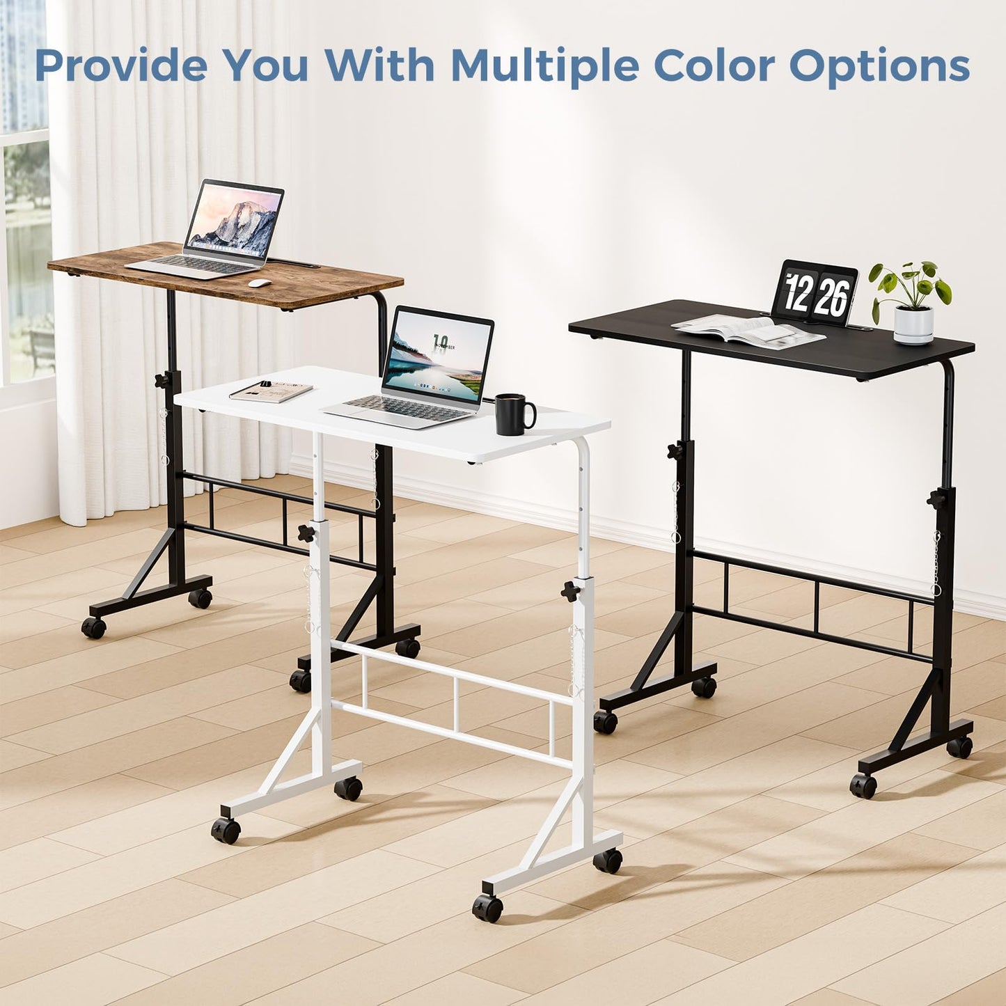 DUMOS 31.5" Adjustable Height Mobile Desk with Locking Wheels & Pin-Lock, Portable Workstation for Walking Pad & Active Home Office, Small Bedroom Desk, Rustic Brown