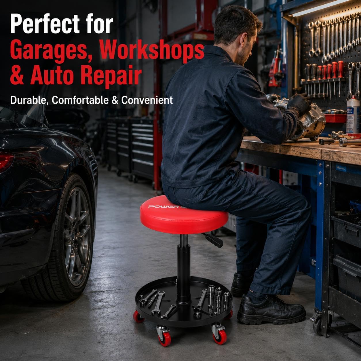 PowerSmart 360° Rolling Mechanic Stool with Tool Tray, Adjustable 18-23 Inches, 330 lbs Capacity, Comfortable & Durable for Garage/Shop Use