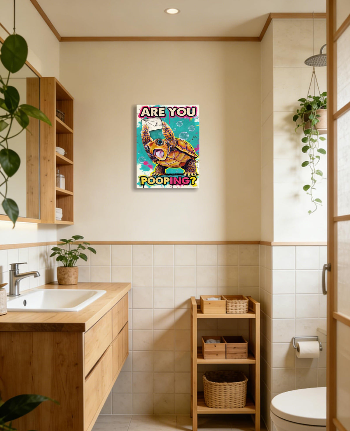 Funny Turtle Bathroom Wall Art Painting, Are You Pooping? Graffiti Humor Canvas Print, Teal Pop Art Bathroom Poster Decor, 12x16 Inch Framed Wall Picture for Bathroom Restroom Toilet Washroom