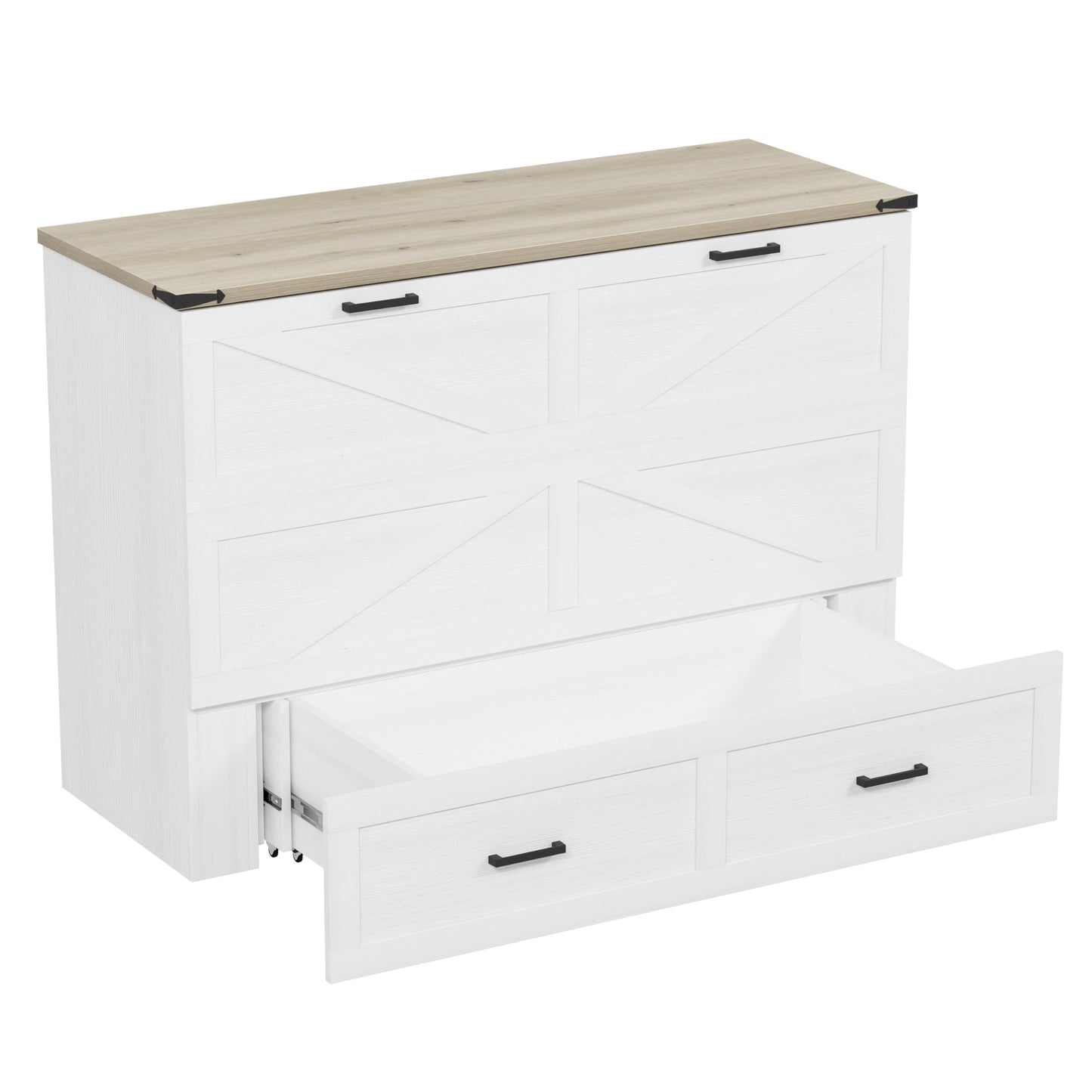 BOVTE White Farmhouse Queen Murphy Cabinet Bed with Charging Station, Foldable Platform & Large Storage Drawer for Guest Rooms