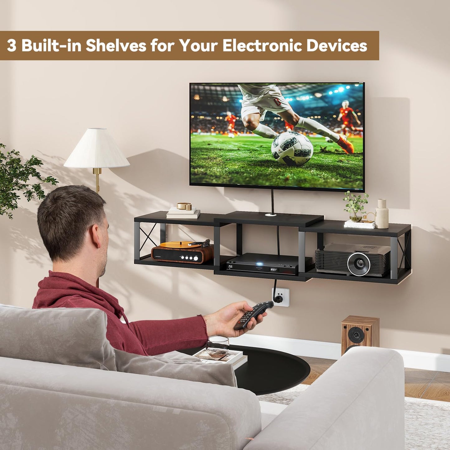 IBUYKE Floating TV Stand with Power Outlet,Wall-Mounted Floating Stand for TVs up to 55",Metal Wall Entertainment Center,Wall Mounted TV Shelf with Storage for Living Room Bedroom,Black UWST011B