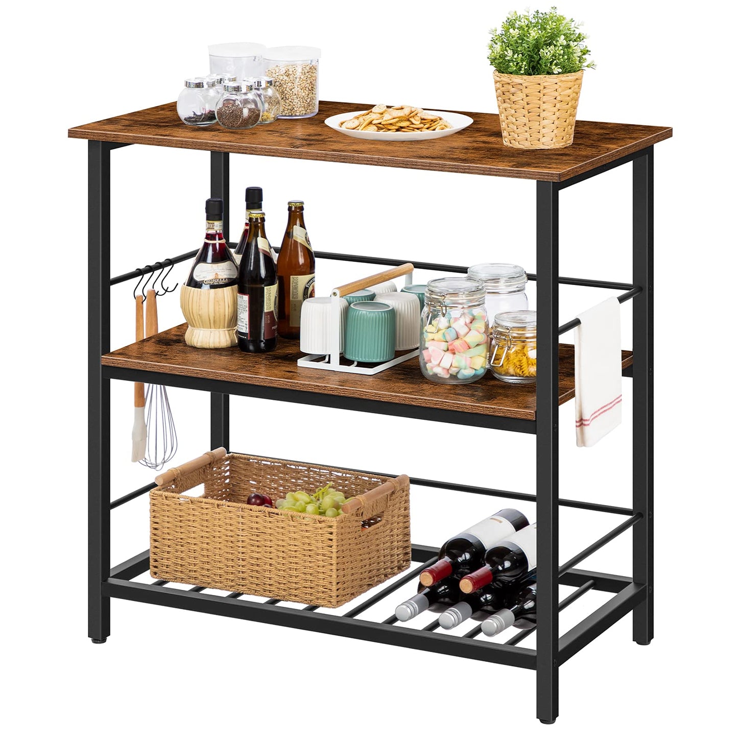 HOOBRO Kitchen Island with Wine Rack, Industrial Island Counter with Hooks and Protective Rails, 3 Tier Kitchen Shelf with Large Workstation, Easy Assembly, Rustic Brown BF02ZD01