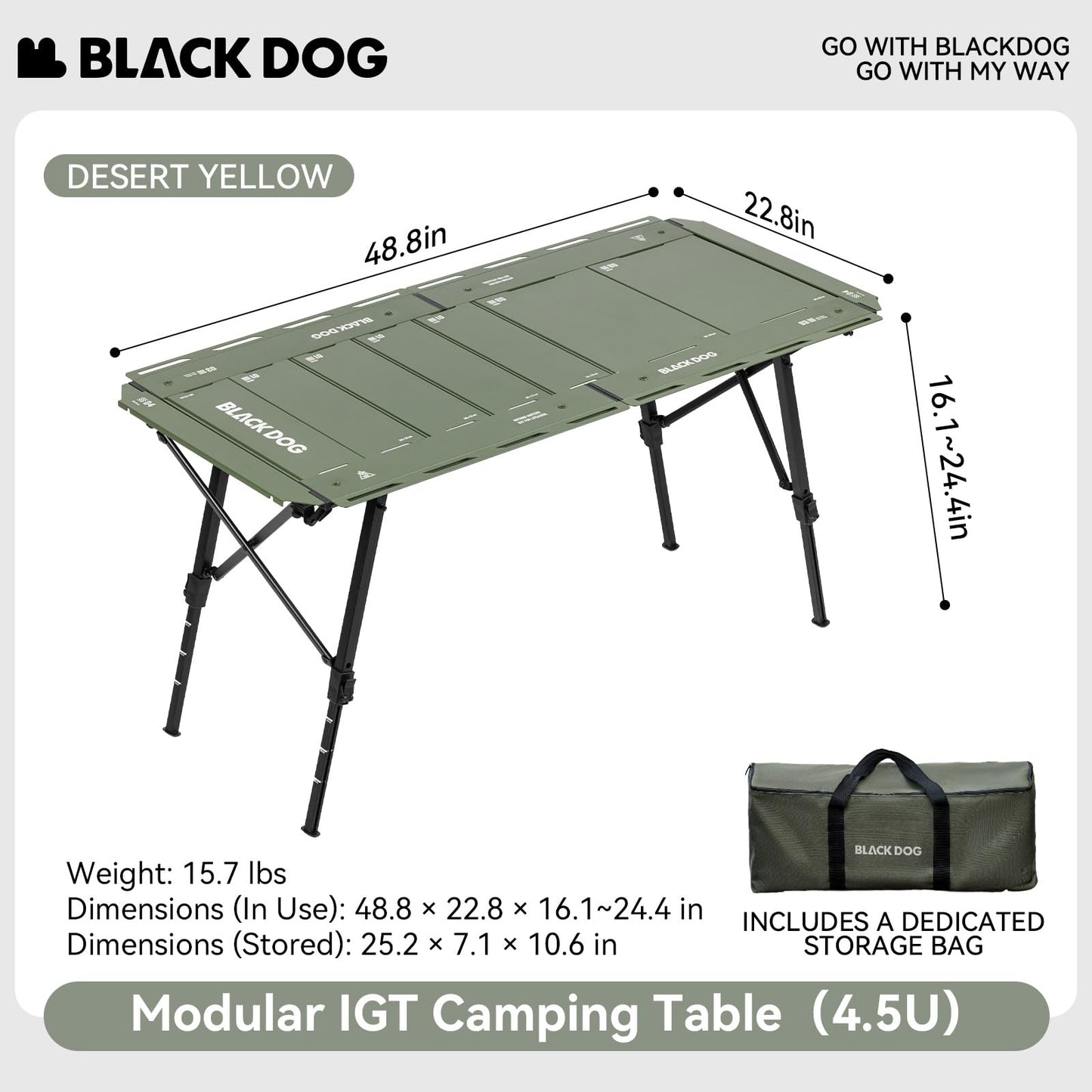 BLACKDOG IGT Camping Table, Folding Portable Camp Table, Adjustable Height Aluminum Portable Table with Carry Bag for Outdoor, Pictic, Patio and Backyard 48.8" L x 22.8" W, Jungle Green