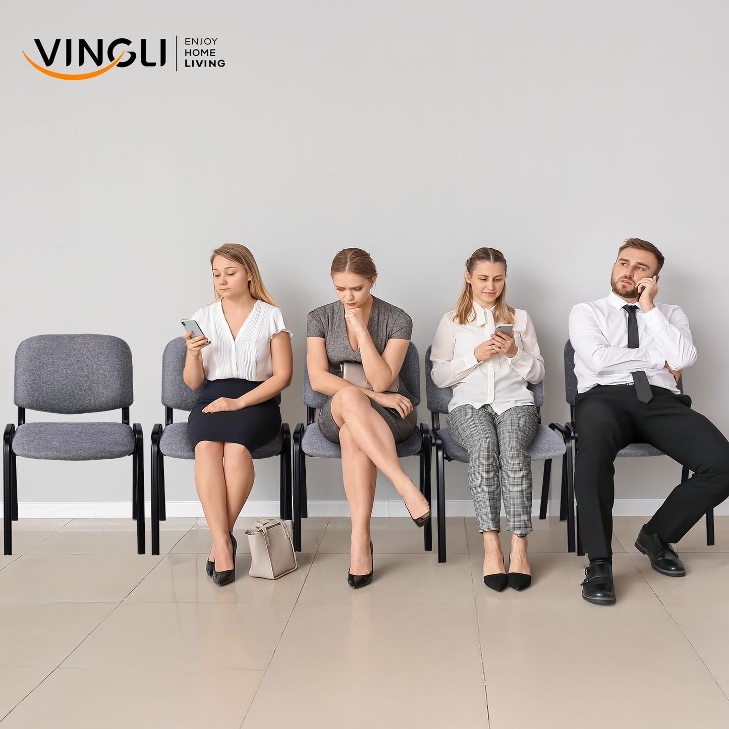 VINGLI Waiting Room Stacking Chairs, 5-Pack Fabric Church Conference Stackable Chair Set, for Office Guest & Reception Meeting Rooms, Lobby, Simple&Space-Saving, Fabric-Grey
