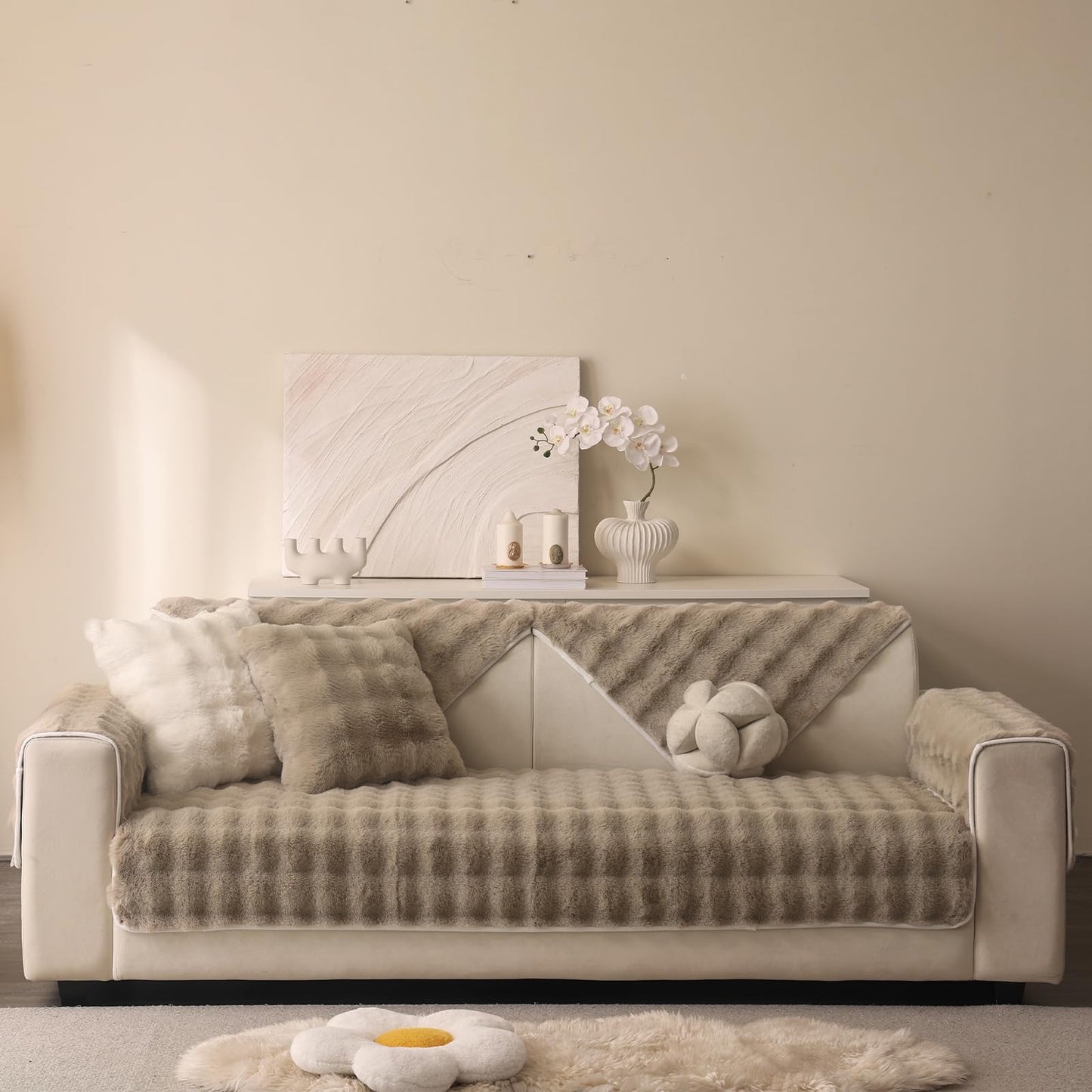 Aucrovee Soft Plush Faux Fur Couch Cover, Thick Warm Fuzzy Sectional Sofa Covers for 3 Cushion Couch Sofa L Sharped Sofa Non Slip Slipcover, Furniture Protector Covers for Pets(1 PCS 36"x94" Khaki)