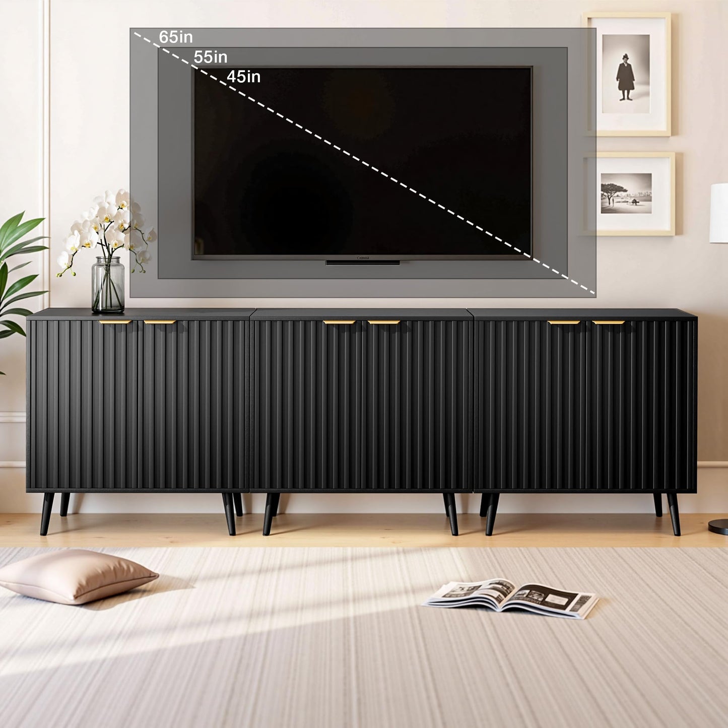 REHOOPEX Fluted Buffet Cabinet Sideboard, Storage Cabinet, Modern Accent Cabinet Console Table for Entryway, Living Room, Black