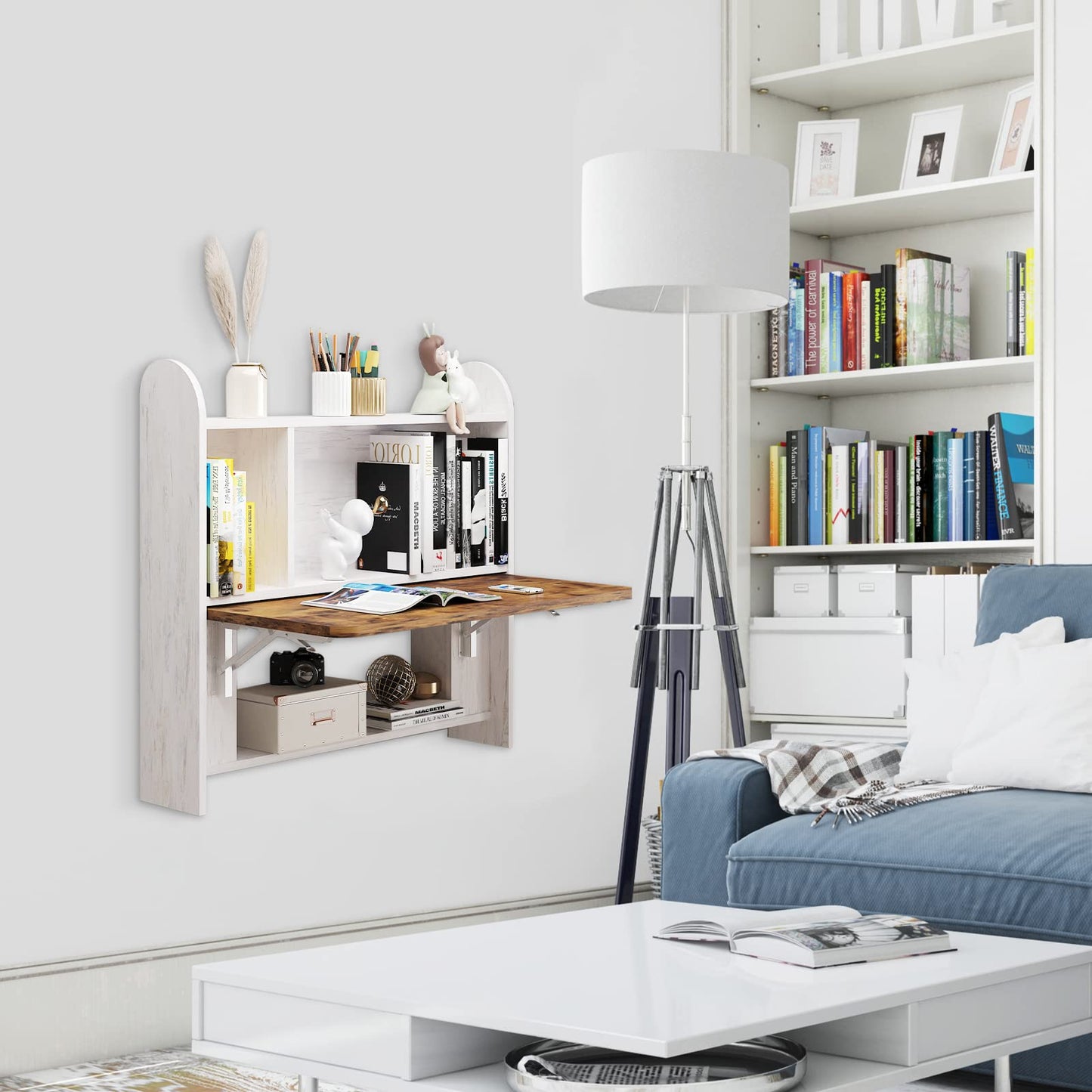 TuckTect Wall Mounted Drop-Leaf Table, Floating Laptop Desk, Folding Table with Shelves, Multifunctional Computer Workstation with Storage Compartments in Home Office for Space Saving (Grayish White)