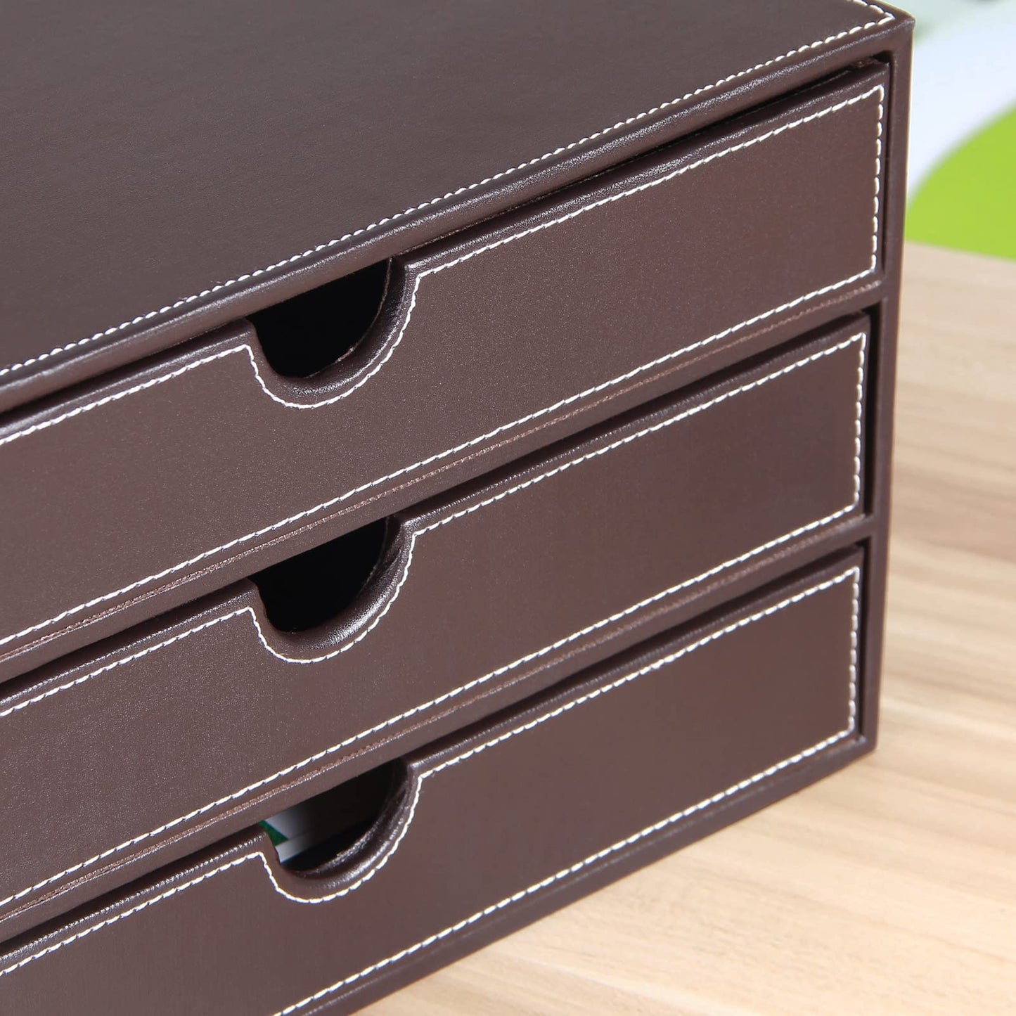 XNONE PU Leather Desk Organizer with 3 Drawers,Executive Office Supplies Desktop Filing A4 File Cabinet/Holder for Jewelry/Bill/Paper/Documents/Makeup Home Decor Stationery Storage Box,Brown