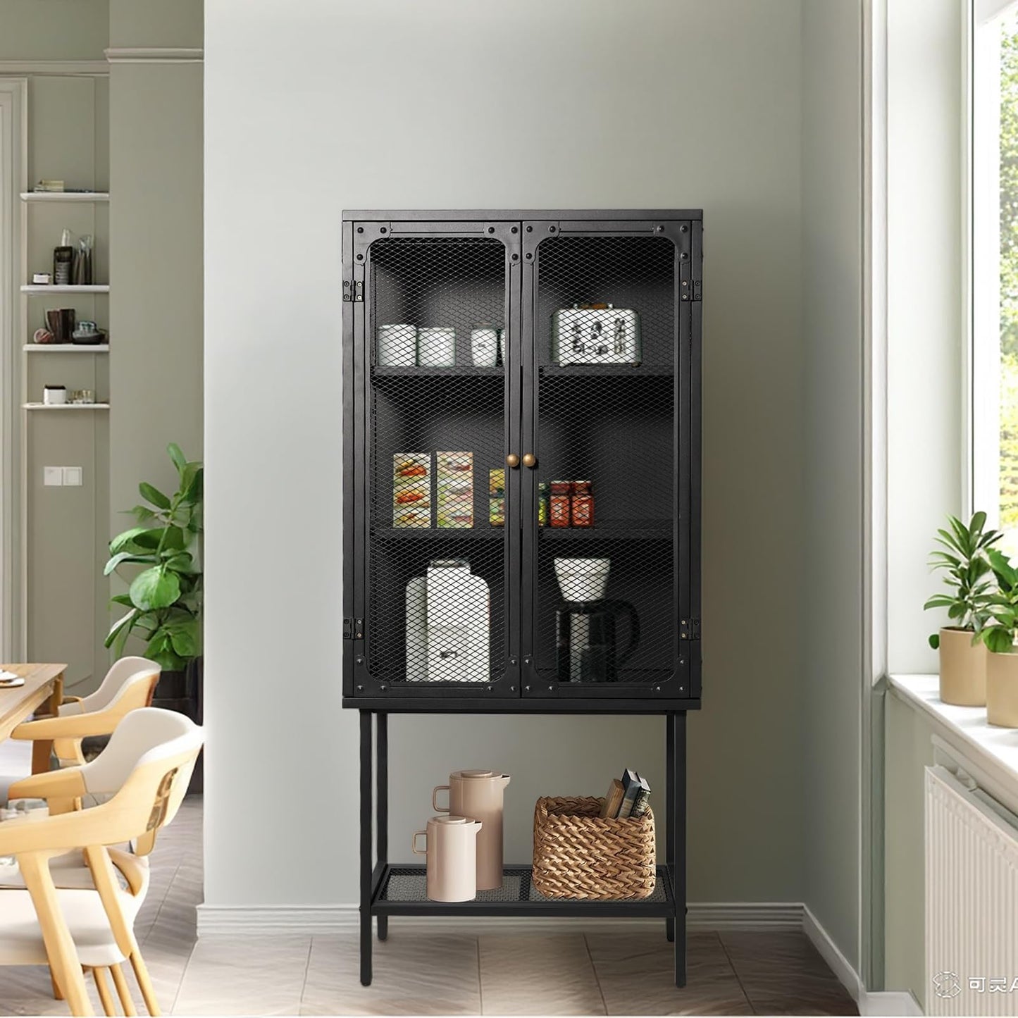 LOKKHAN Industrial Metal Display Cabinet, Black Mesh Door Storage Unit with Retro Handles, 59.1 x 27 x 12.6 Inch Tall Standing Shelving, Magnetic Holders, Adjustable Feet