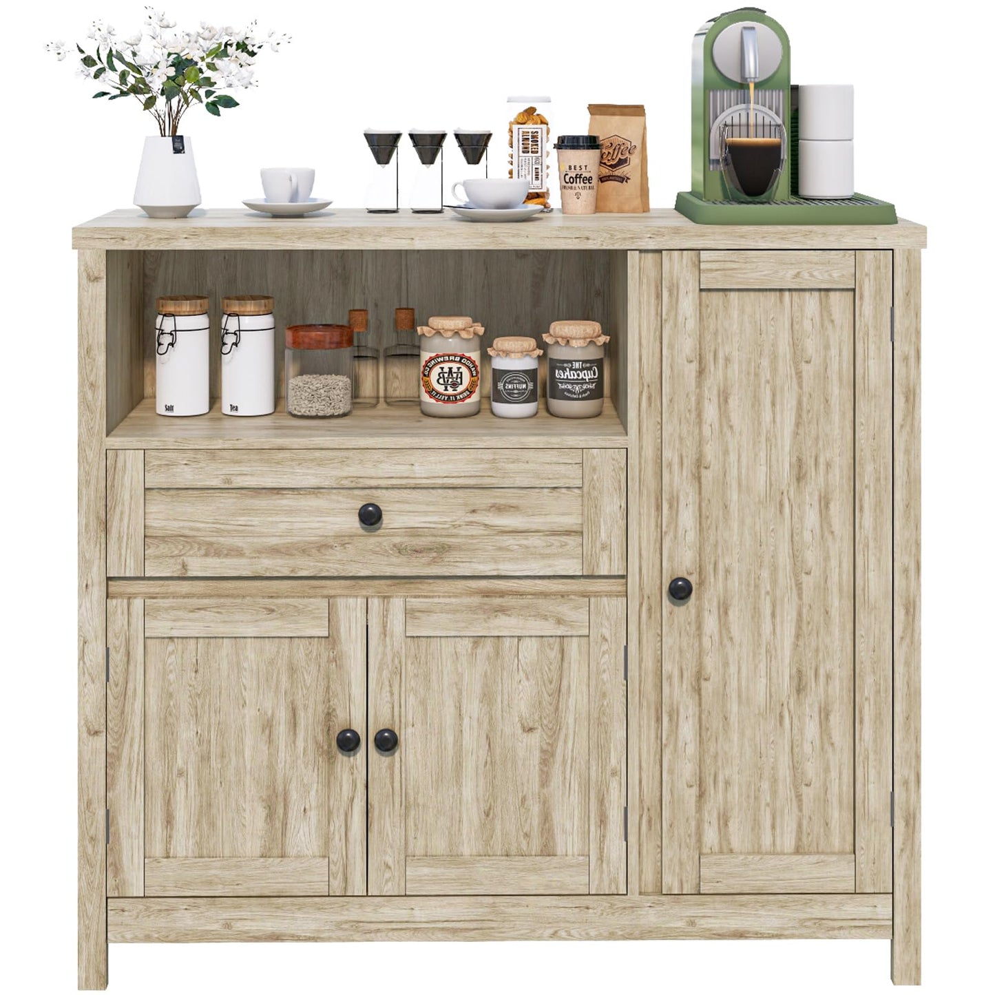 Viaozutis Coffee Bar Cabinet with Doors and Drawer, 35.4" Kitchen Storage Cabinet with Adjustable Shelf, Freestanding Buffet Sideboard for Dining Room, Bathroom, Entryway(Grey)