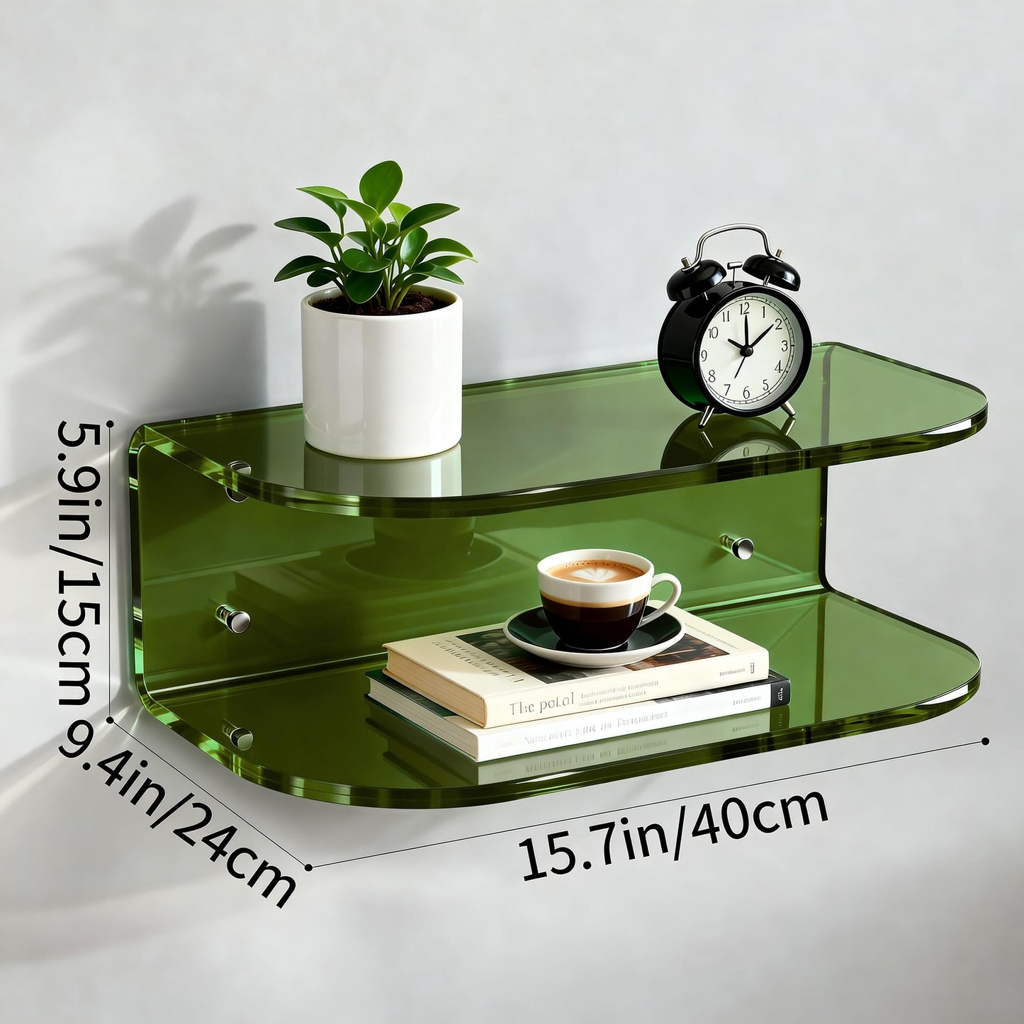Dewrhiixe Acrylic Floating Nightstand, Wall Mounted Bedside Table Shelf (Green, 15.7”×9.4“×5.9”)