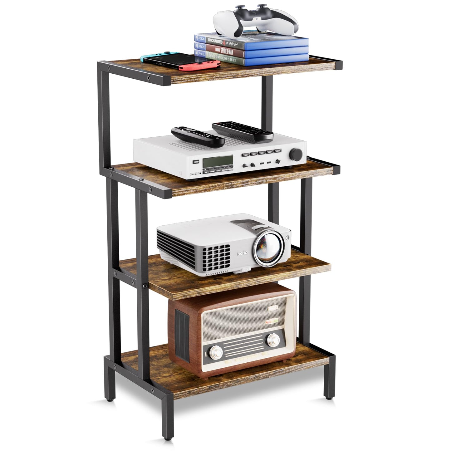 Aquzee Game Console Stands, 4-Tier AV Media Shelf, Stereo Stand, Wood Gaming Entertainment Center Rack for Audio Video Games DVD Player Organizer Storage Shelves fit Small Space
