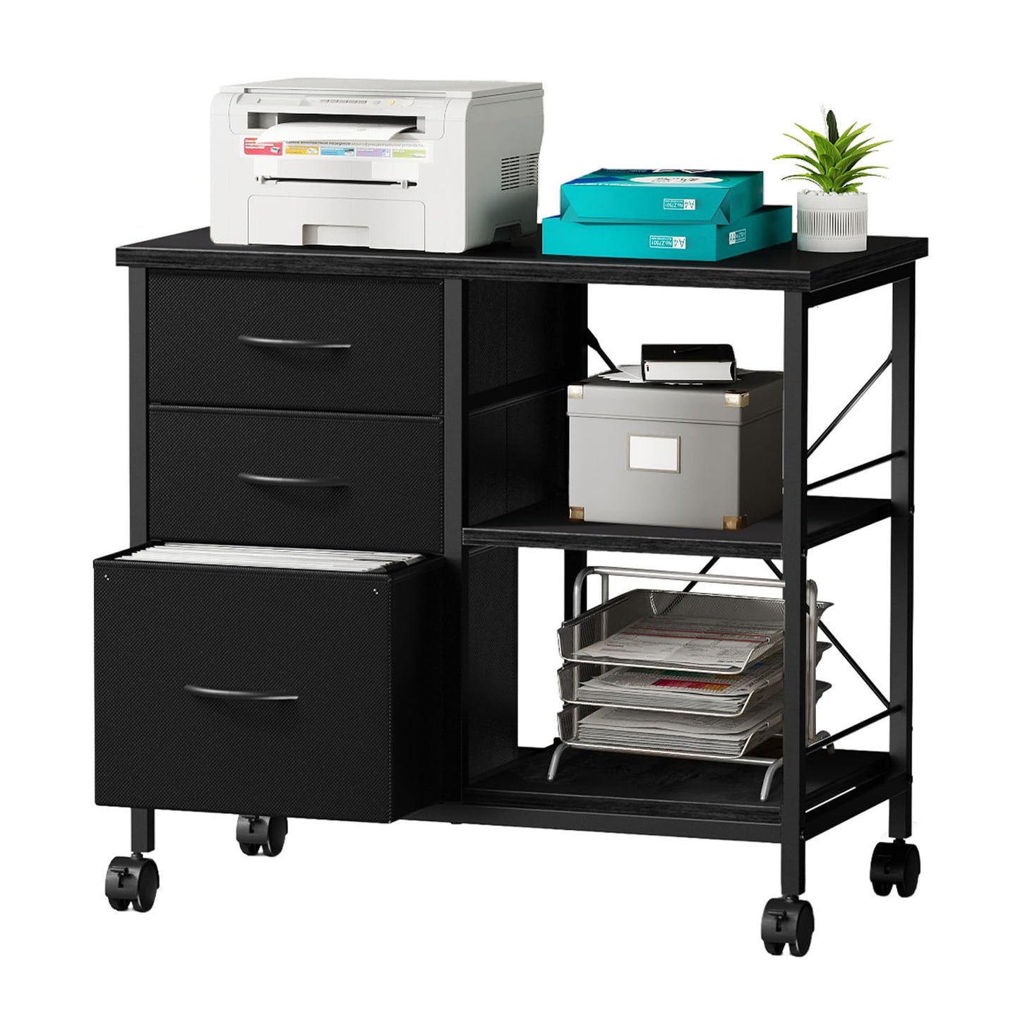DUMOS 3 Drawer Mobile File Cabinet, Freestanding Fabric Lateral Filing Cabinet Fits A4/Letter Size, Space Saving Rolling Printer Stand with X-Frame and Open Storage Shelf for Home Office, Modern Black