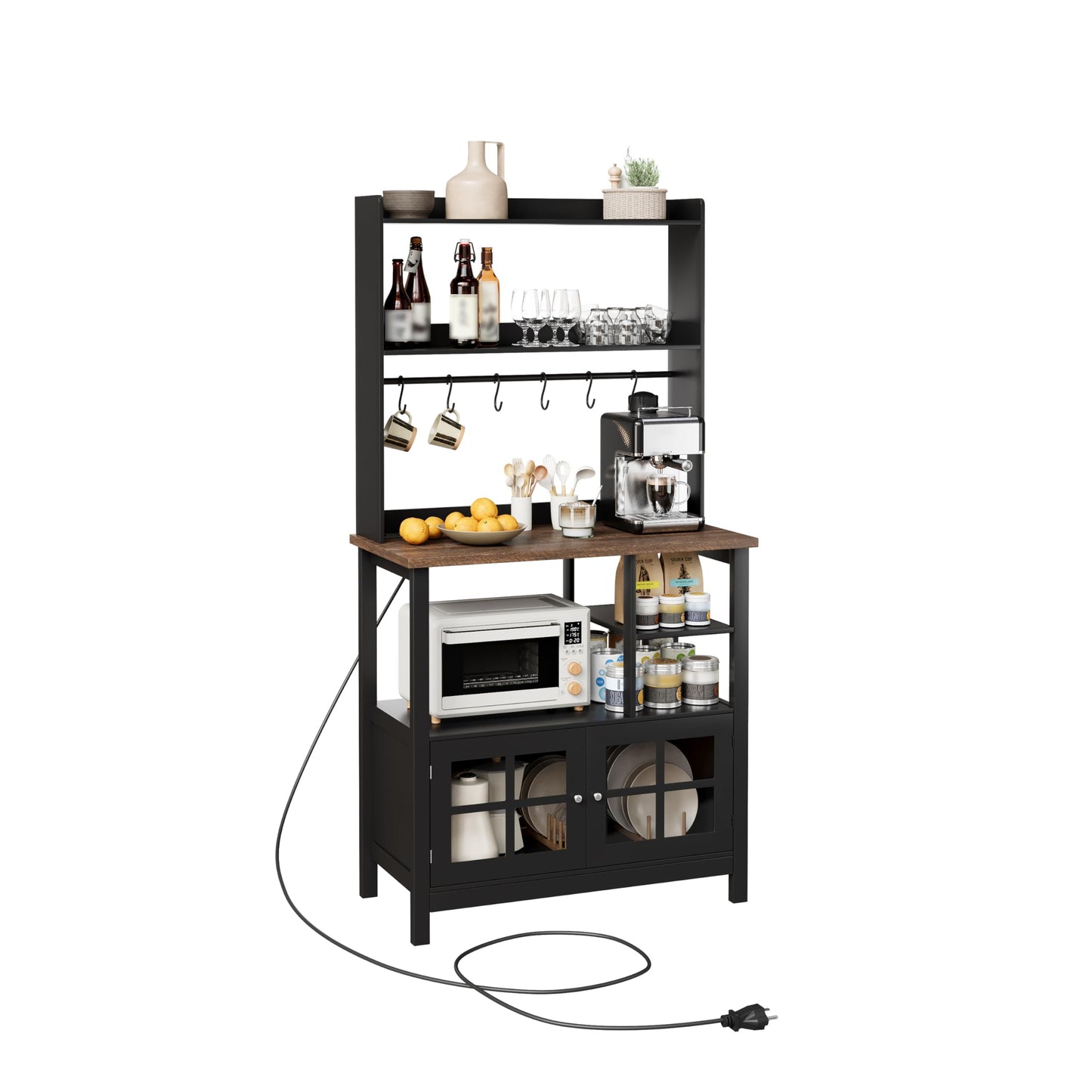 ChooChoo Farmhouse Coffee Bar Cabinet with Storage, Bakers Rack with Power Outlets, Microwave Stand Kitchen Cabinet with Hutch and 6 Hooks, Black