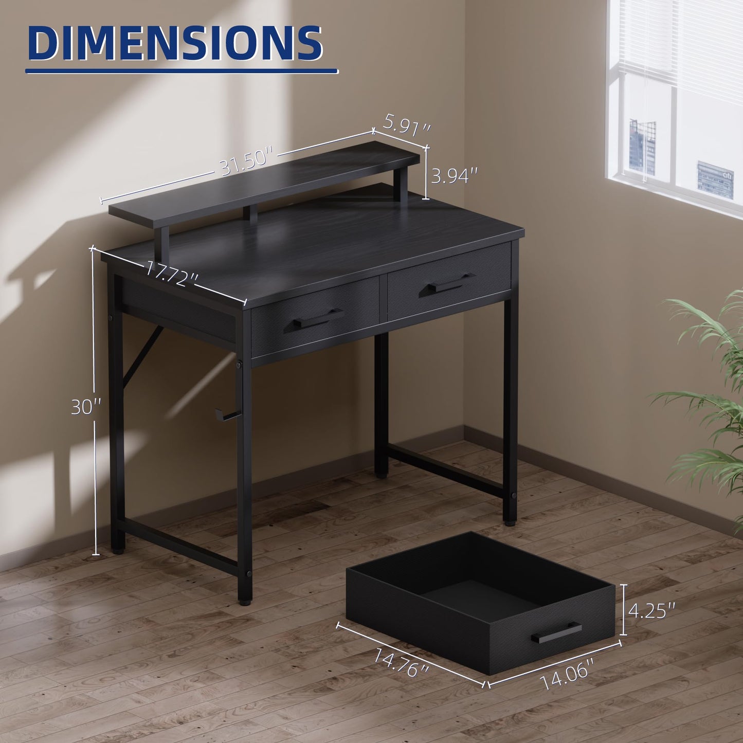 Pamray 32 Inch Small Computer Desk with Monitor Stand Home Office Desks with 2 Drawers for Bedroom Study Writing and Work Table for Small Spaces Pink
