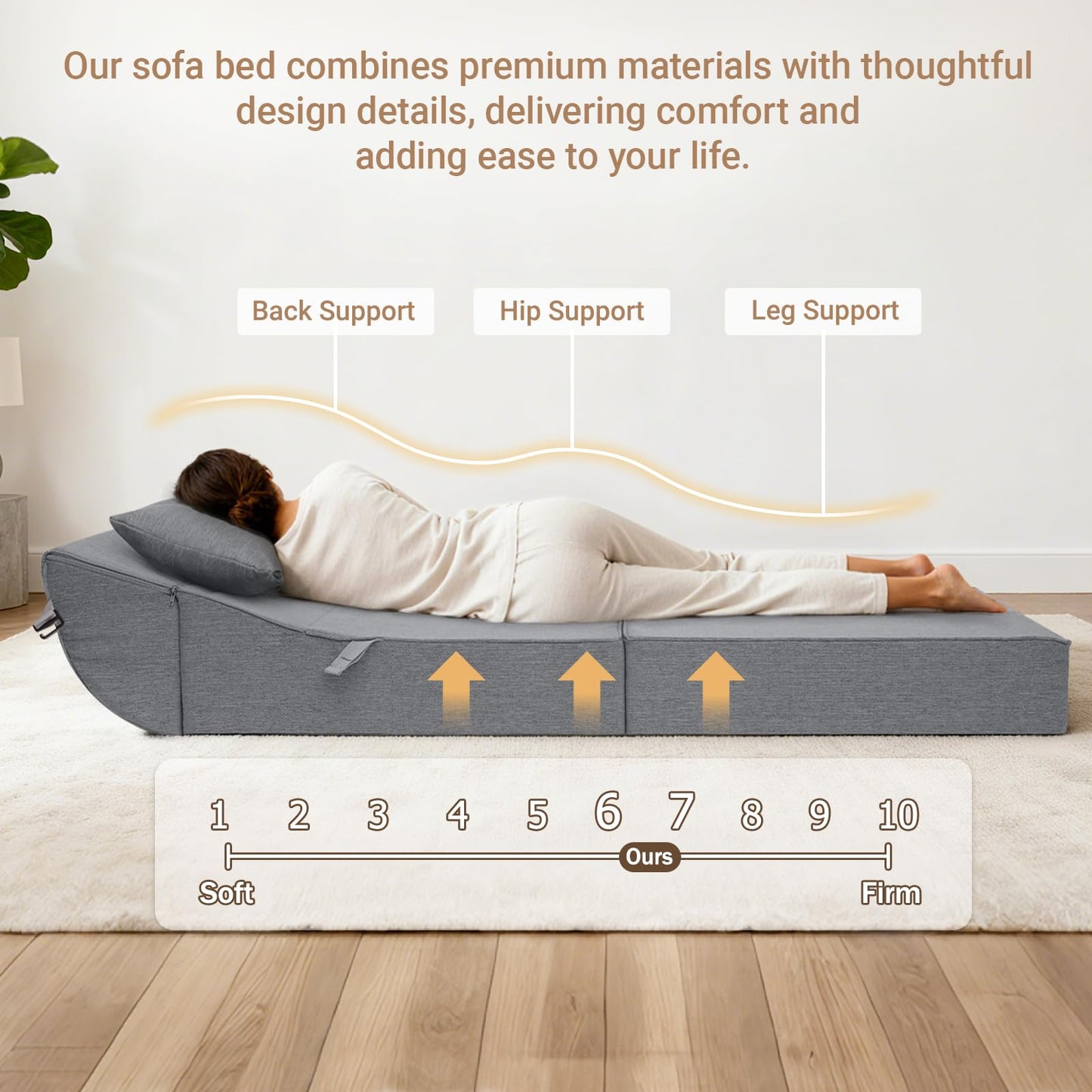BeBen Folding Sofa Bed Chair, Convertible Sleeper Chair Futon Couch, Foldable Boneless Floor Lounge Sofa, Single Foam Chair Bed for Small Spaces, Dorm, Guest Room, Living Room, Apartment, Dark Grey