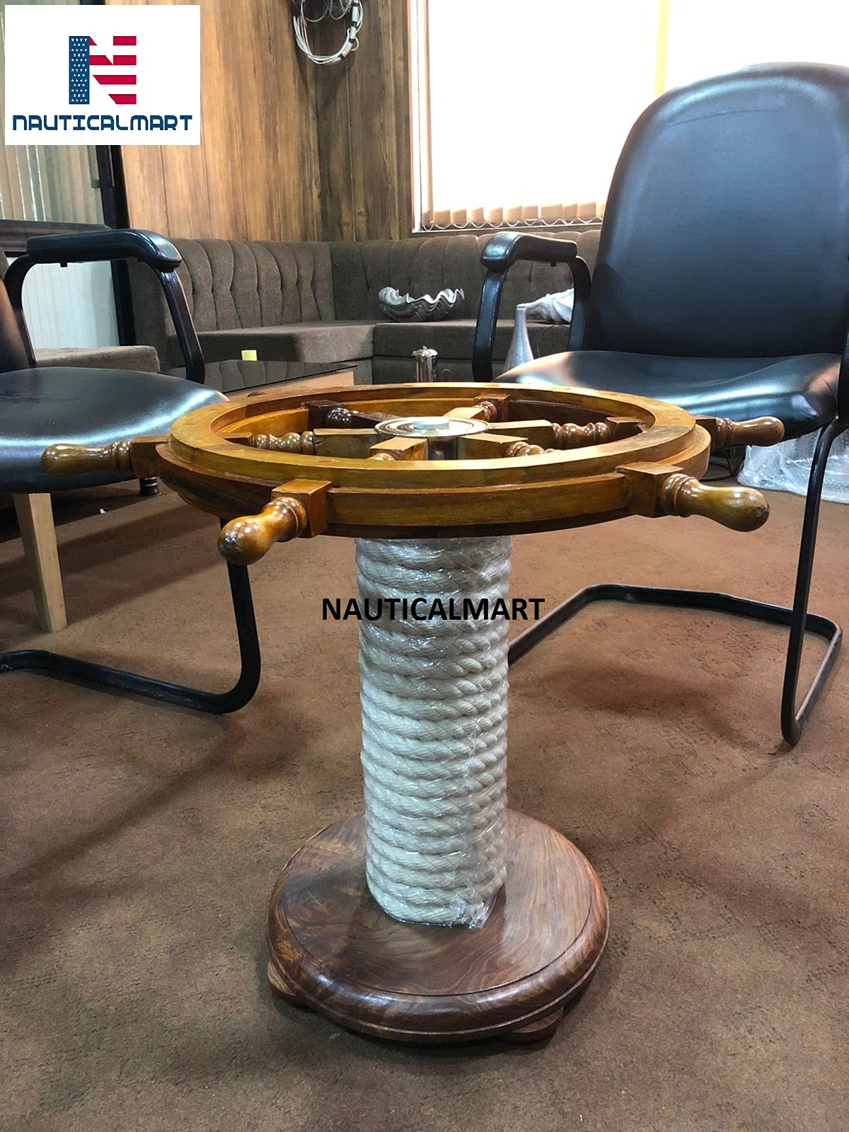 Nautical-Mart Wooden Ship Wheel Table w/Rope Base Home Office Furniture Decor (30 Inches)