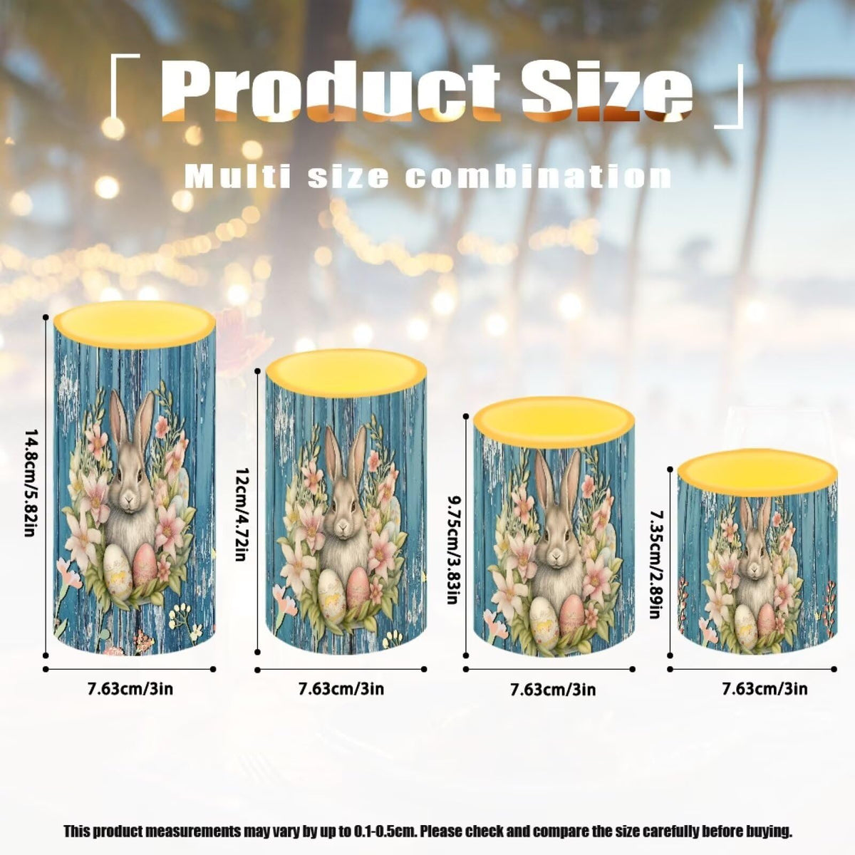 NEITLGEN Easter Decorative Flameless Candles with Timer Remote, Flickering Battery Operated LED Pillar Candles Set of 4 Floral Bunny Blue Wood Grain