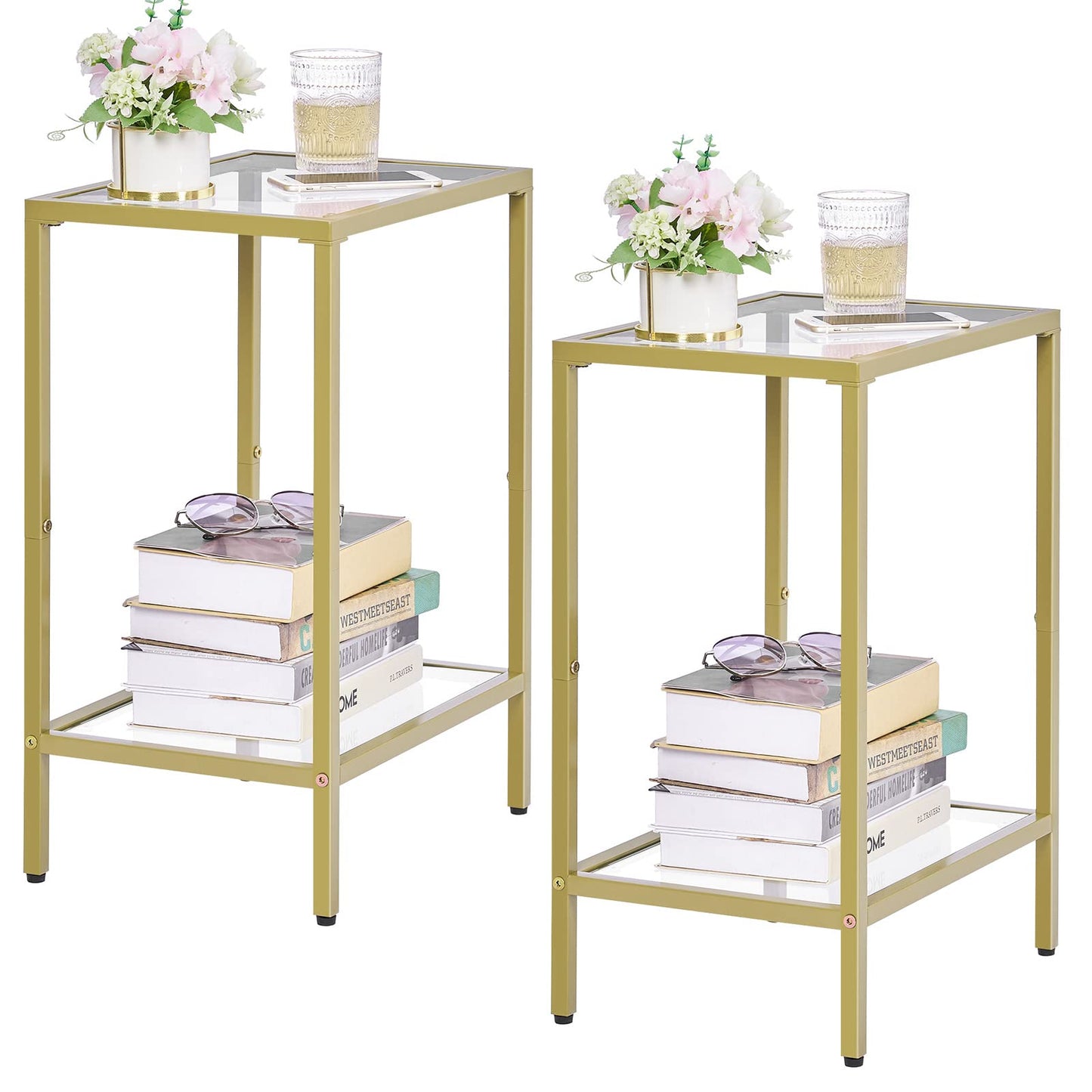 HOMSHO Side Tables Set of 2, End Tables with Tempered Glass, 2-Tier Nightstands with Storage Shelves, Coffee Table with Modern Style, Slim Sofa Table for Living Room, Bedroom, 11.8" D x 15" W, Gold