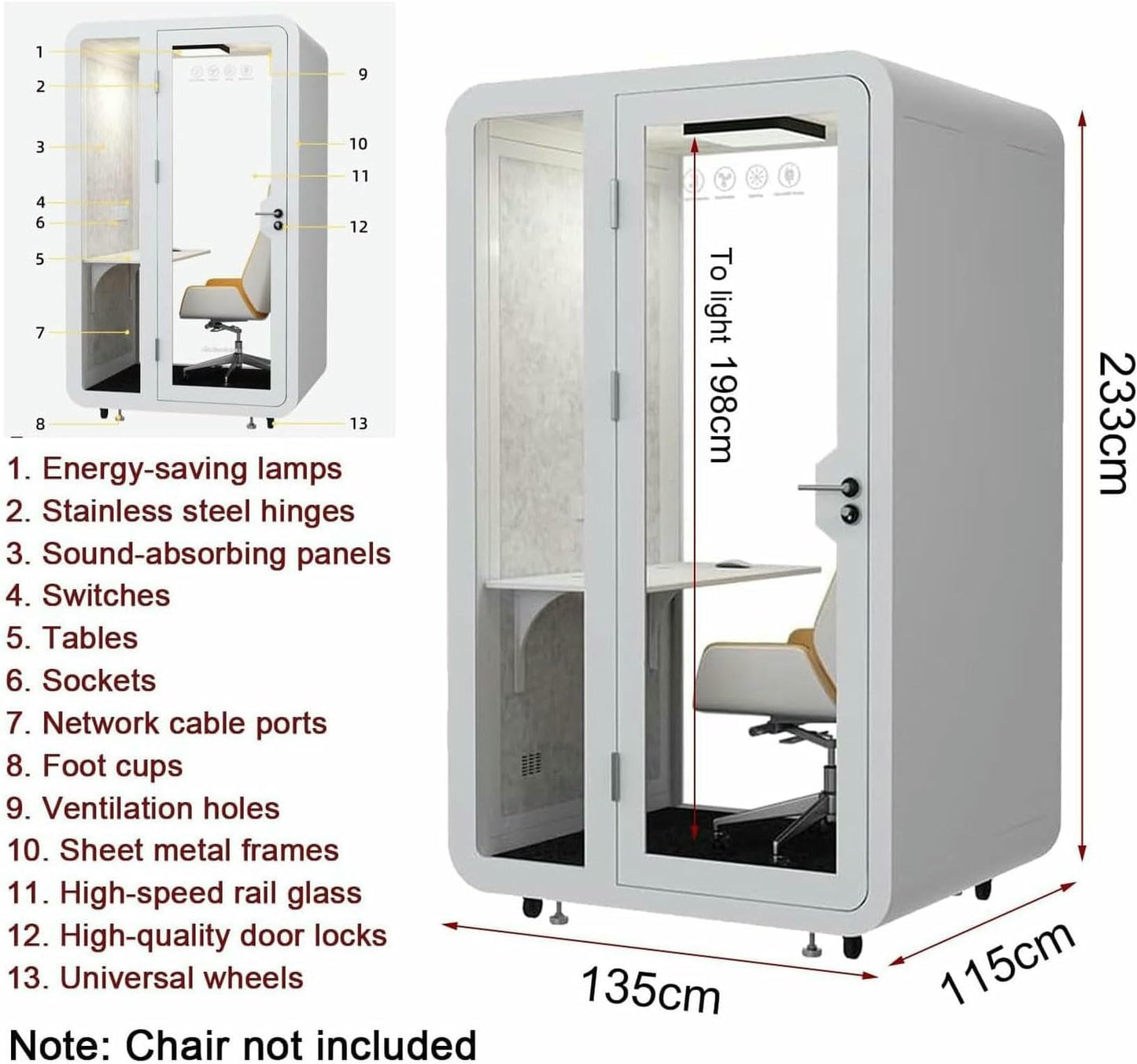 Portable Booth Modern Privacy Pod, Movable Room for Work, Office Sound Booth with LED Lighting and Desk, Modular Privacy Separate Room