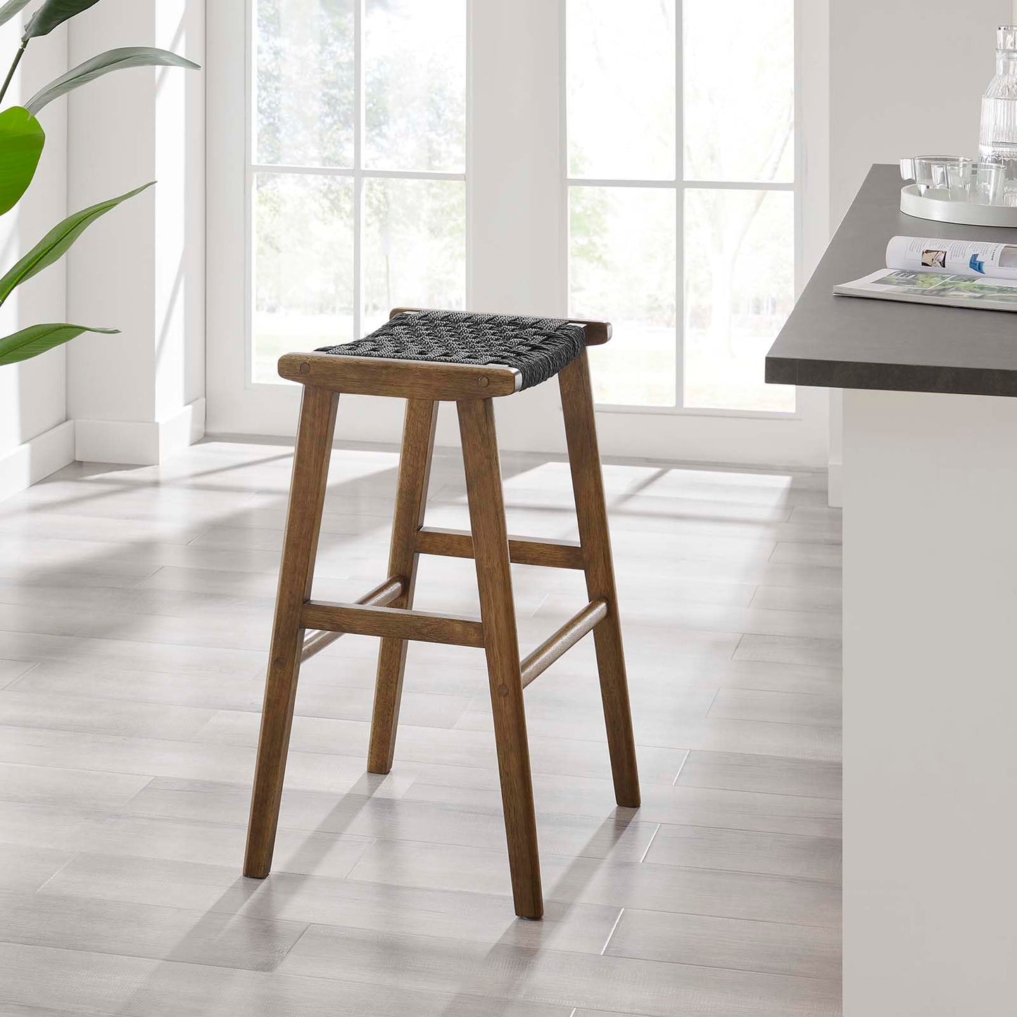 Modway Saoirse Woven Rope Wood Bar Stool - Set of 2 in Walnut Black