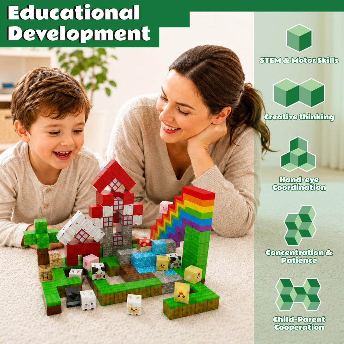 STELLUNE 200PCS Magnetic Blocks with 3 Light Up Pieces, Rainbow Farm Pals Magnetic Building Cubes, STEM Educational Toys for Kids Ages 3+, Ideal Gift for Boys Girls