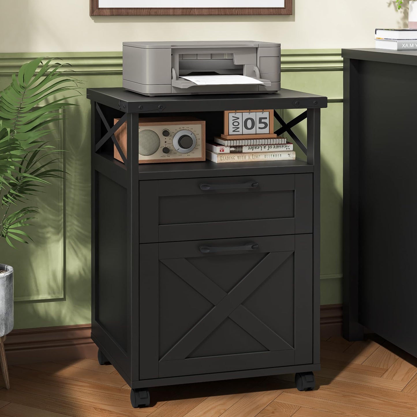 Farmhouse Filing Cabinet with Open Storage Space & Wheels,Printer Stand for Hanging A4/Files Letter,Office Filing Vertical Cabinet with 3 Drawers,Under Desk Storage Cabinets for Home Office.Black