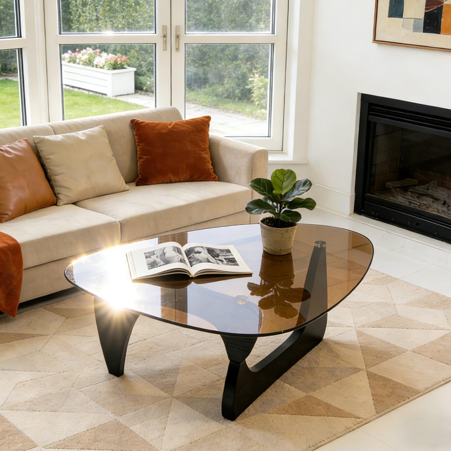 Small Coffee Table, Mid Century Modern Black Coffee Table for Living Room, Abstract Center Tables with Brown Tempered Glass Top, Minimalist Tea Cocktail Tables, Easy Assembly